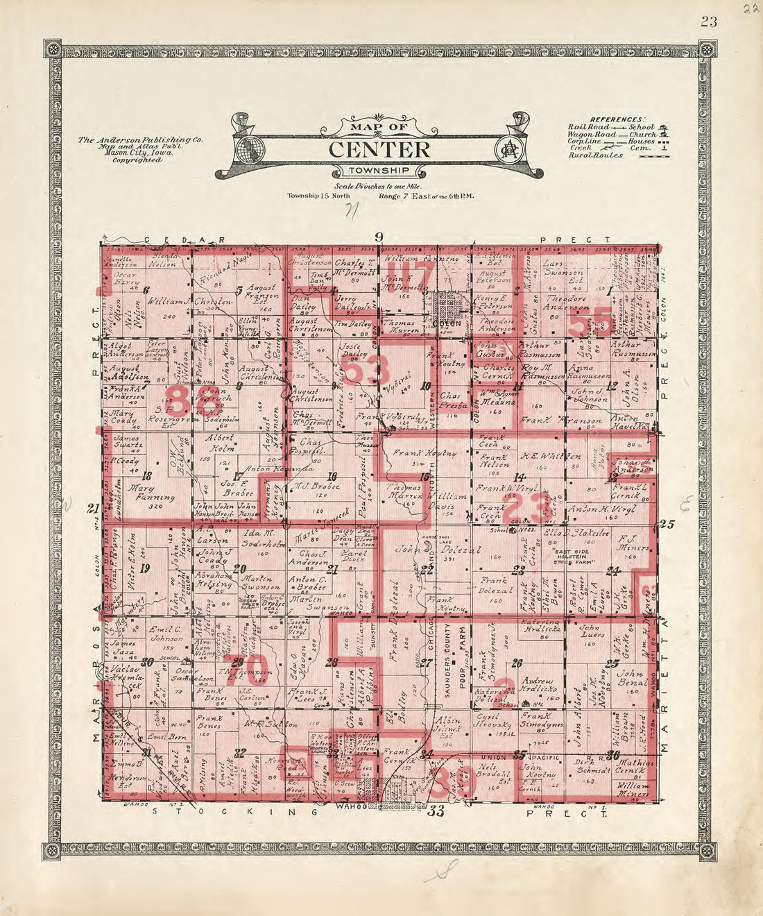 This old map of Nebraska, Saunders County,  was created by Anderson Publishing Company in 1916