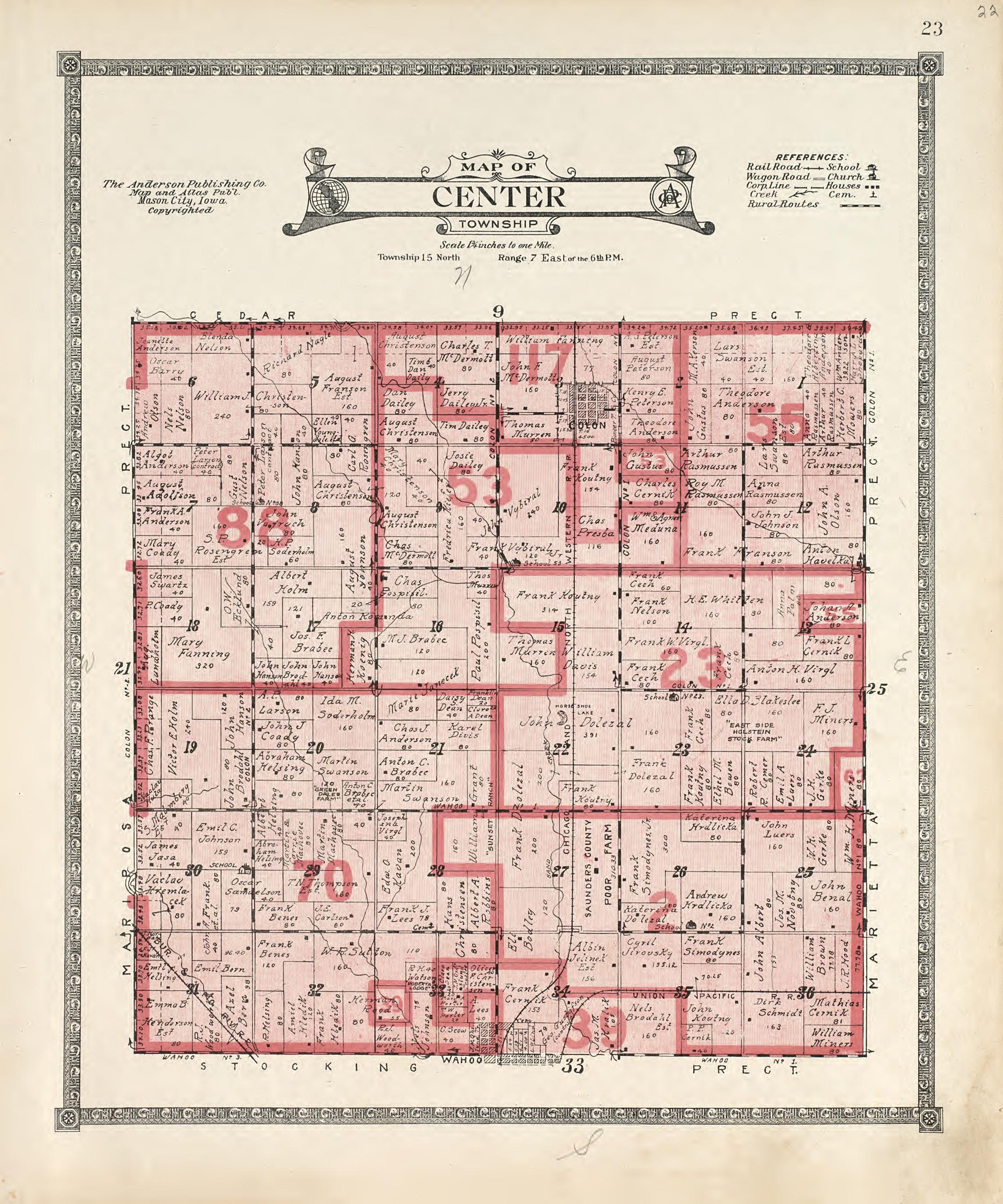 This old map of Nebraska, Saunders County,  was created by Anderson Publishing Company in 1916