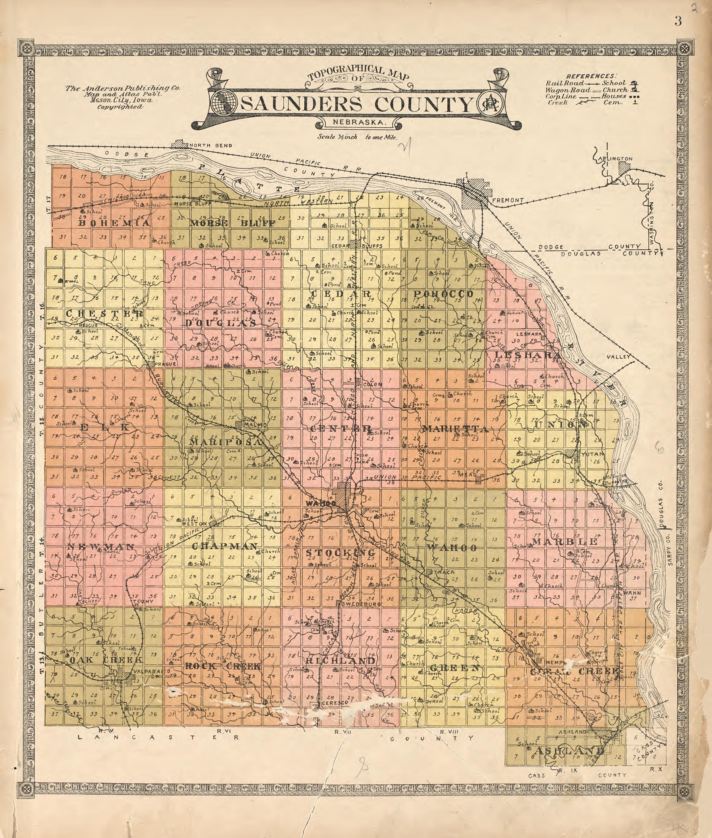 This old map of Nebraska, Saunders County,  was created by Anderson Publishing Company in 1916