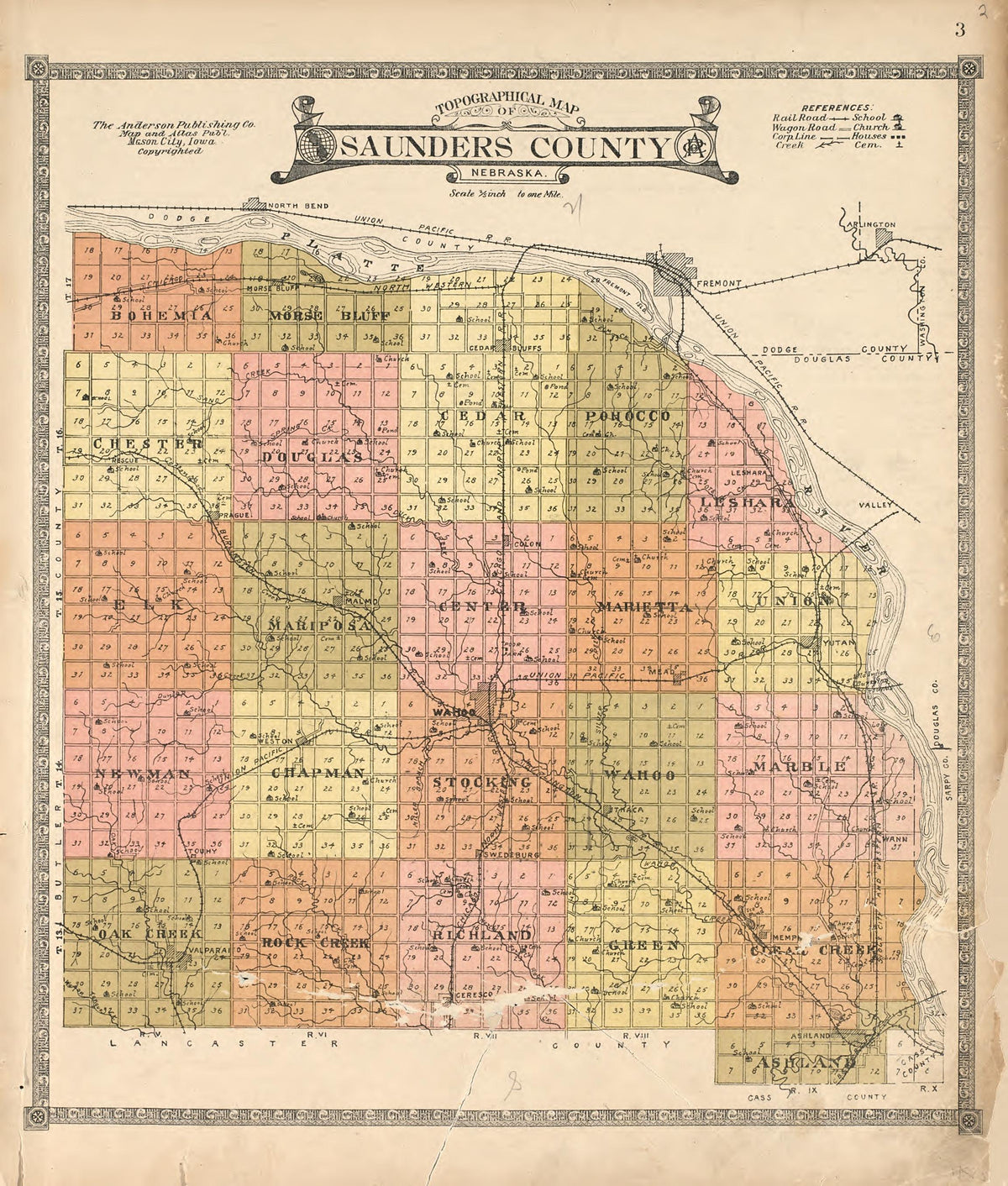 Topographical Map of Saunders County from Atlas of Saunders County, Nebraska : Containing Maps of Townships of the County, Maps of State, United States and World, Farmers Directory, Analysis of the System of U.S. Land Surveys 1916 by Relic Map Company