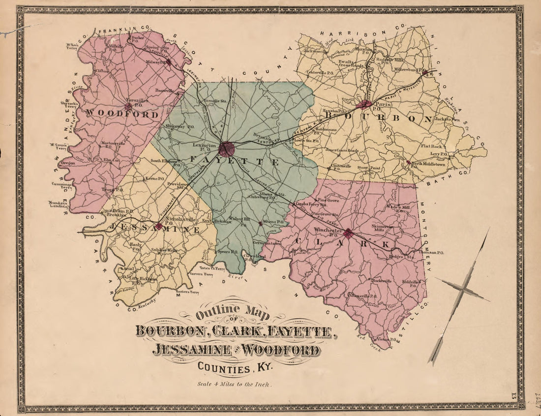 This old map of Bourbon County, Clark County, Clarkcounty, Fayette County, Jessamine County, Kentucky, , Woodford County was created by D.G. Beers &amp; Co in 1877