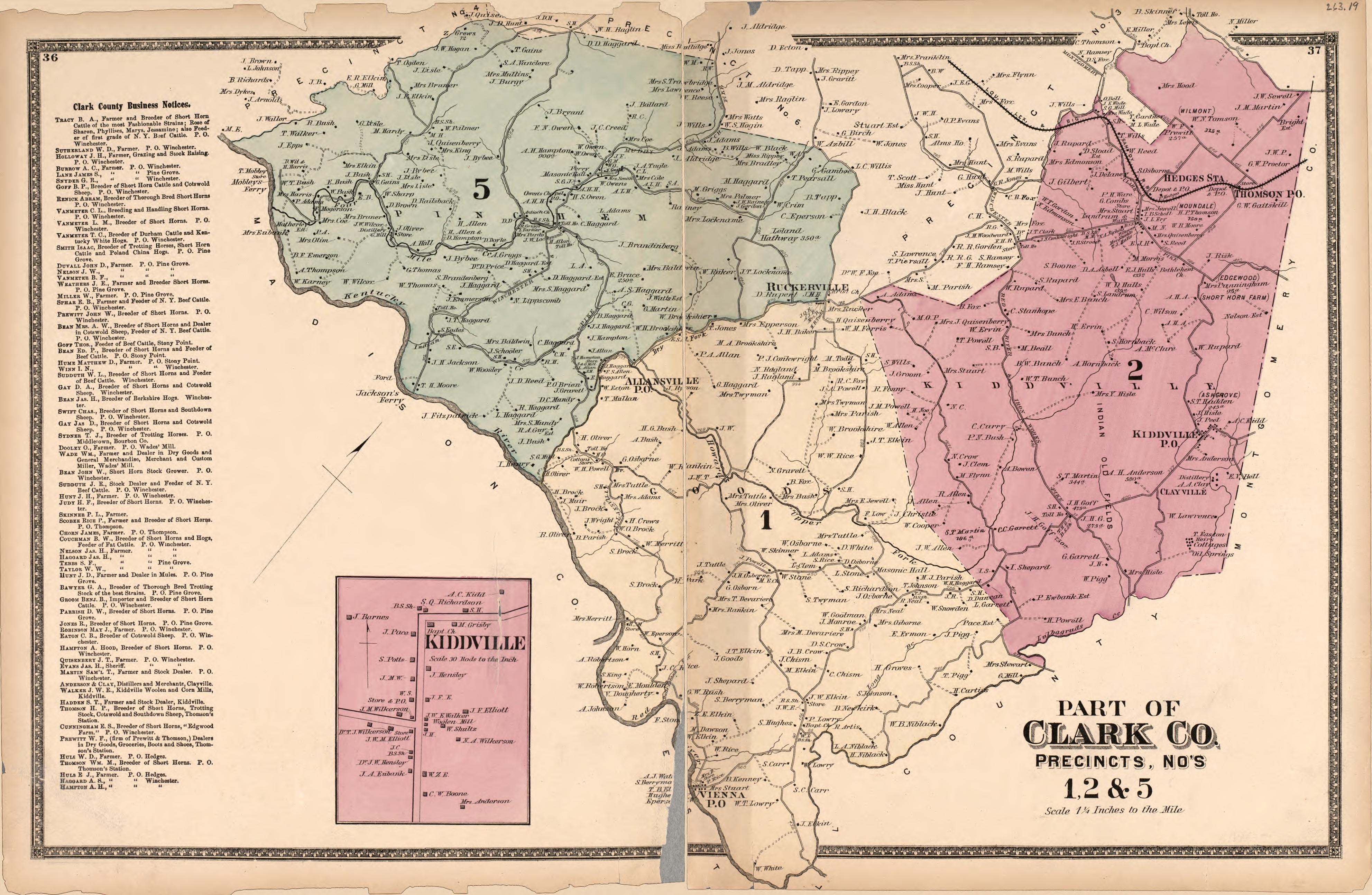 This old map of Bourbon County, Clark County, Clarkcounty, Fayette County, Jessamine County, Kentucky, , Woodford County was created by D.G. Beers &amp; Co in 1877