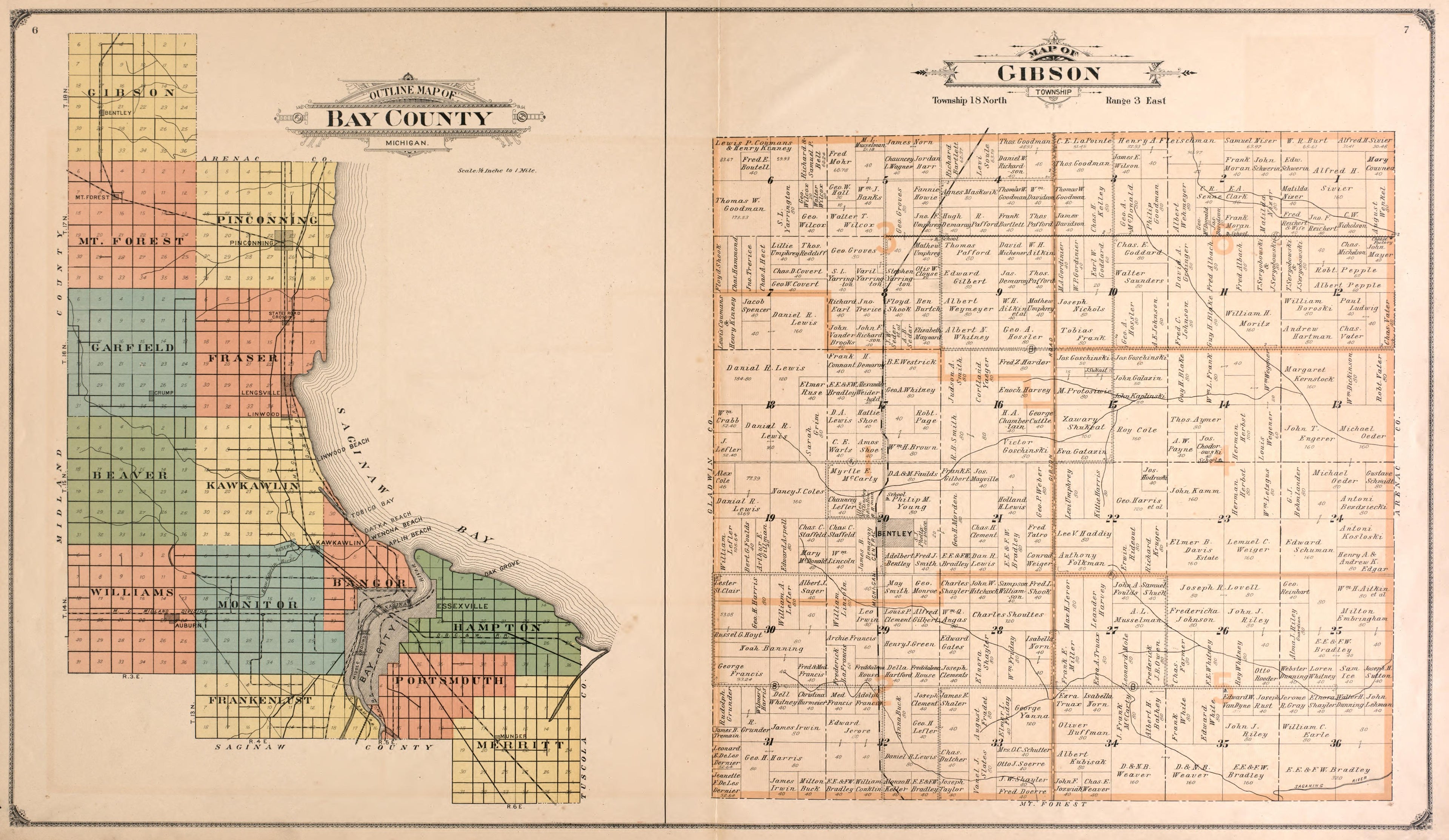 Outline Map of Bay County, Gibson Township from the County of Bay : State, County, Township, City and Village Maps 1916 by Relic Map Company