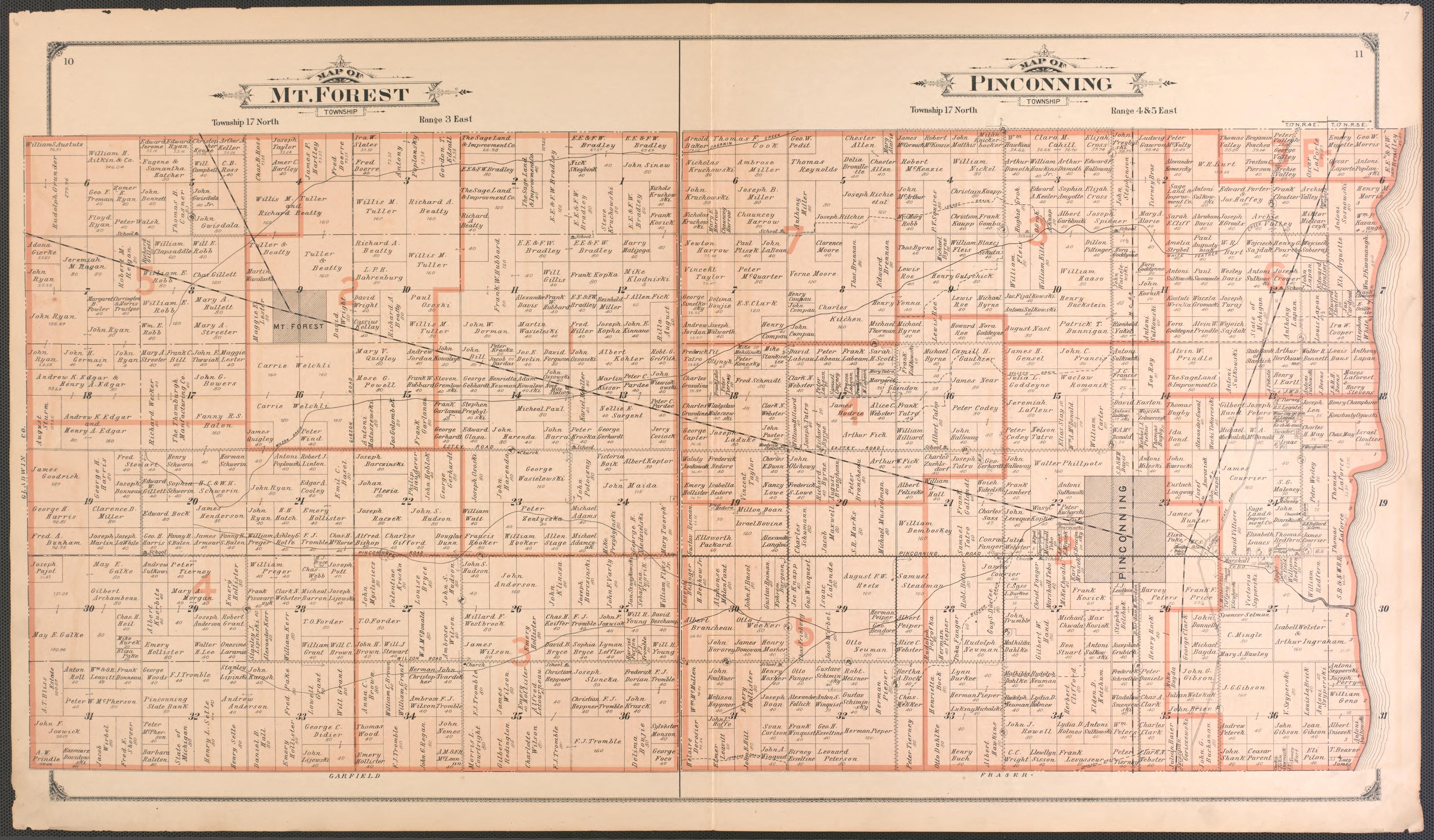 Mt. Forest and Pinconning Townships from the County of Bay : State, County, Township, City and Village Maps 1916 by Relic Map Company
