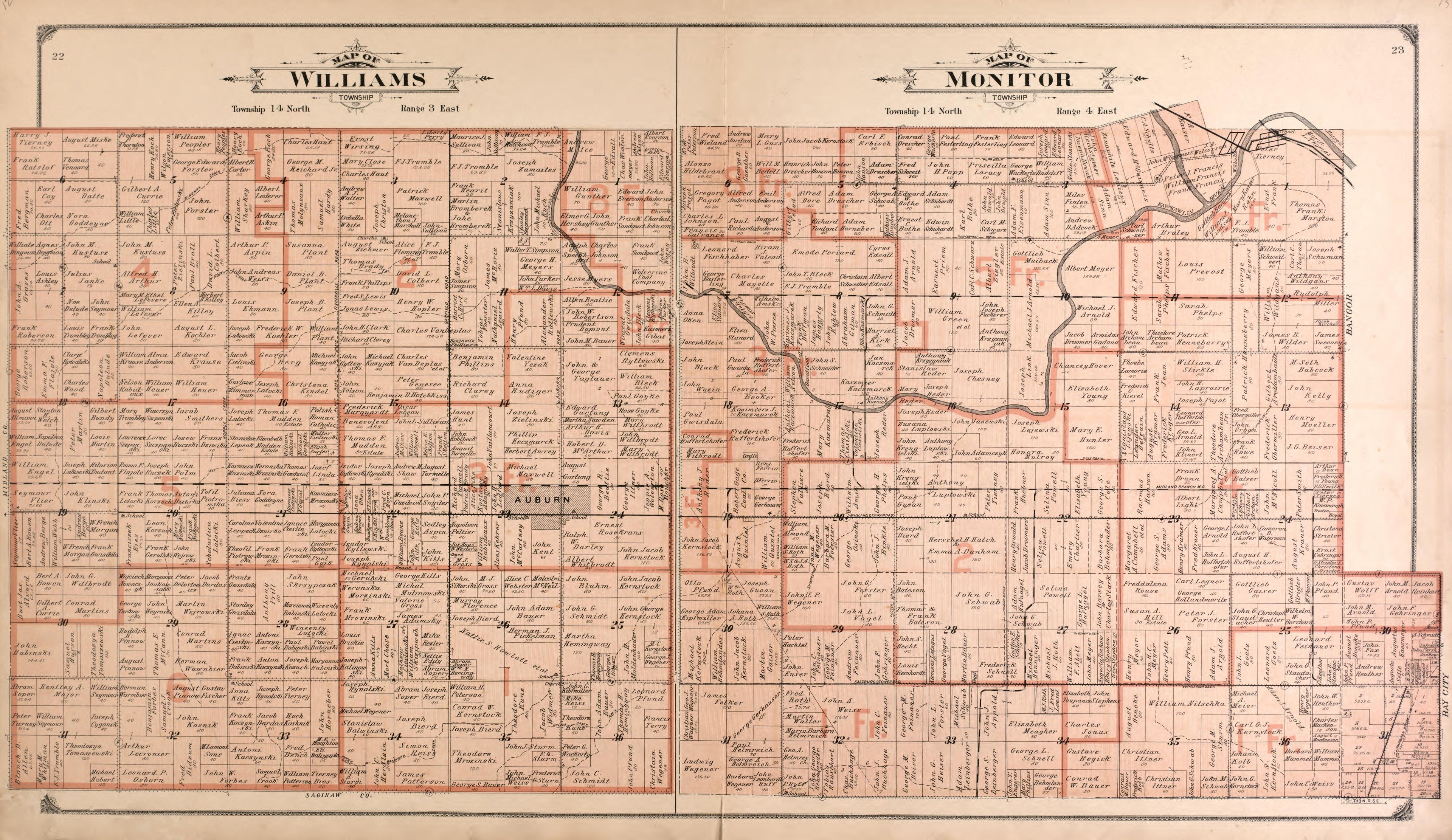 Williams and Monitor Townships from the County of Bay : State, County, Township, City and Village Maps 1916 by Relic Map Company