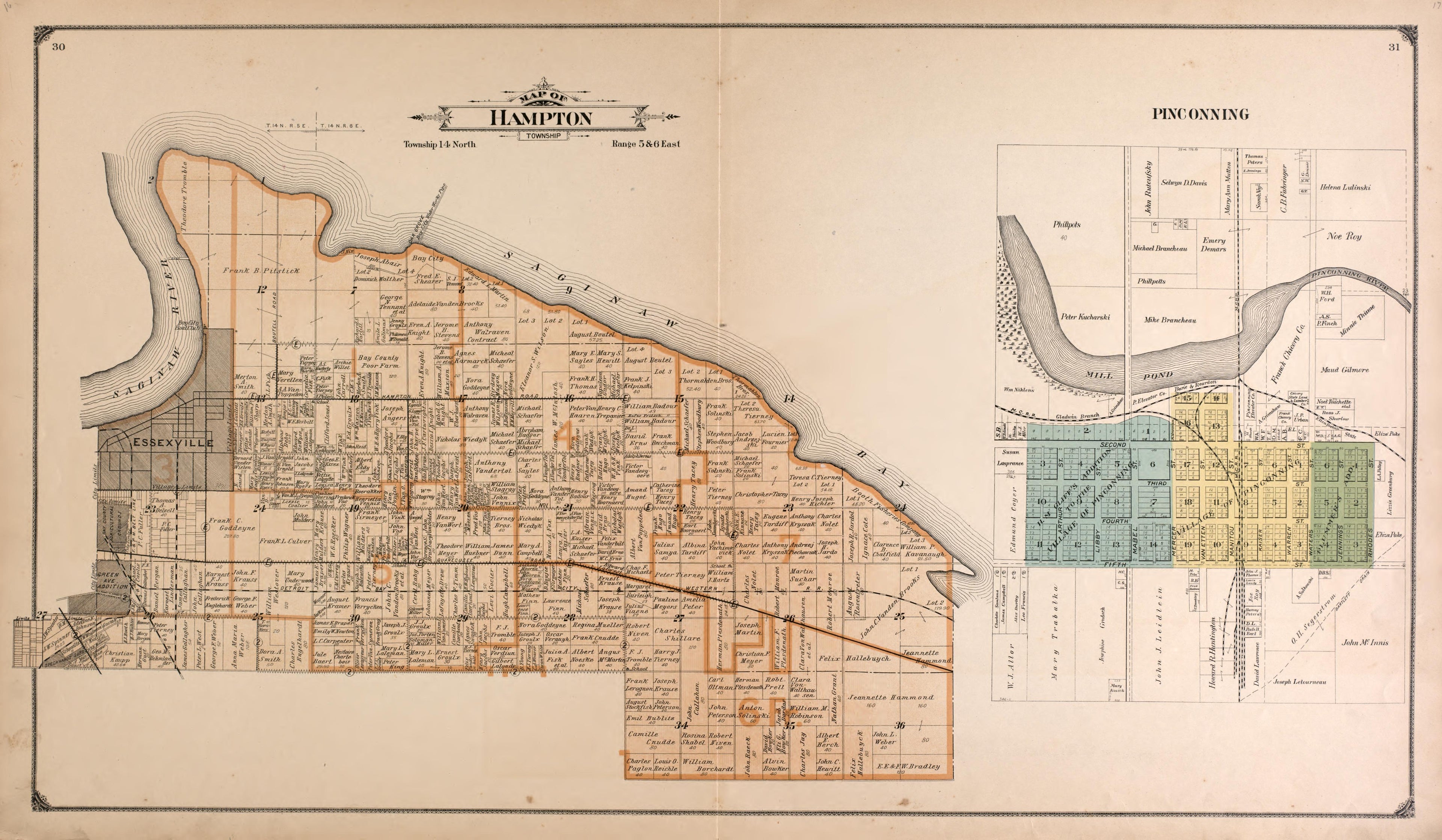 Hampton Township, Pinconning from the County of Bay : State, County, Township, City and Village Maps 1916 by Relic Map Company