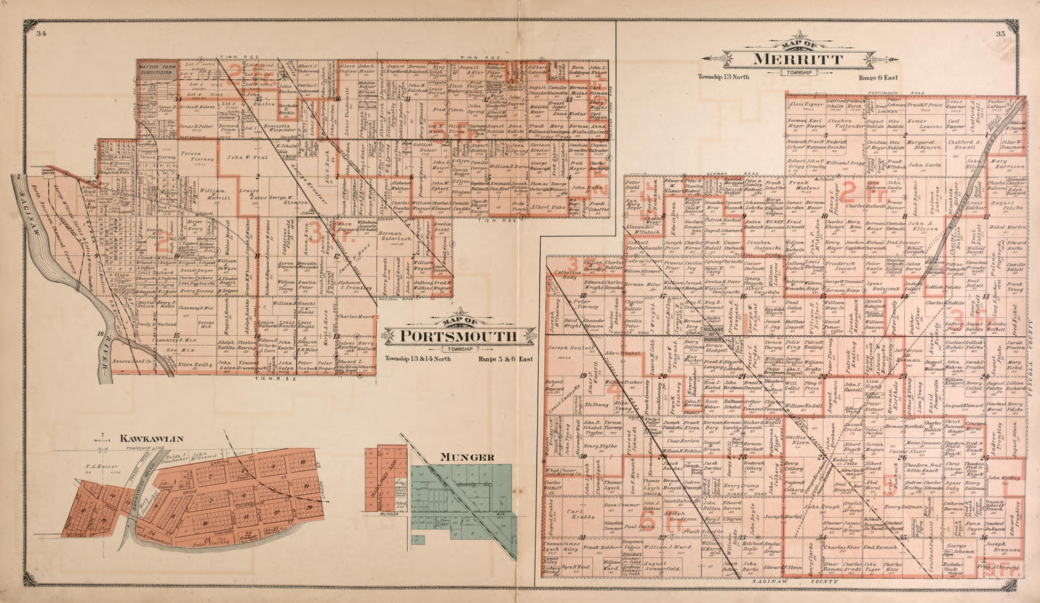 Portsmouth and Merritt Townships from the County of Bay : State, County, Township, City and Village Maps 1916 by Relic Map Company