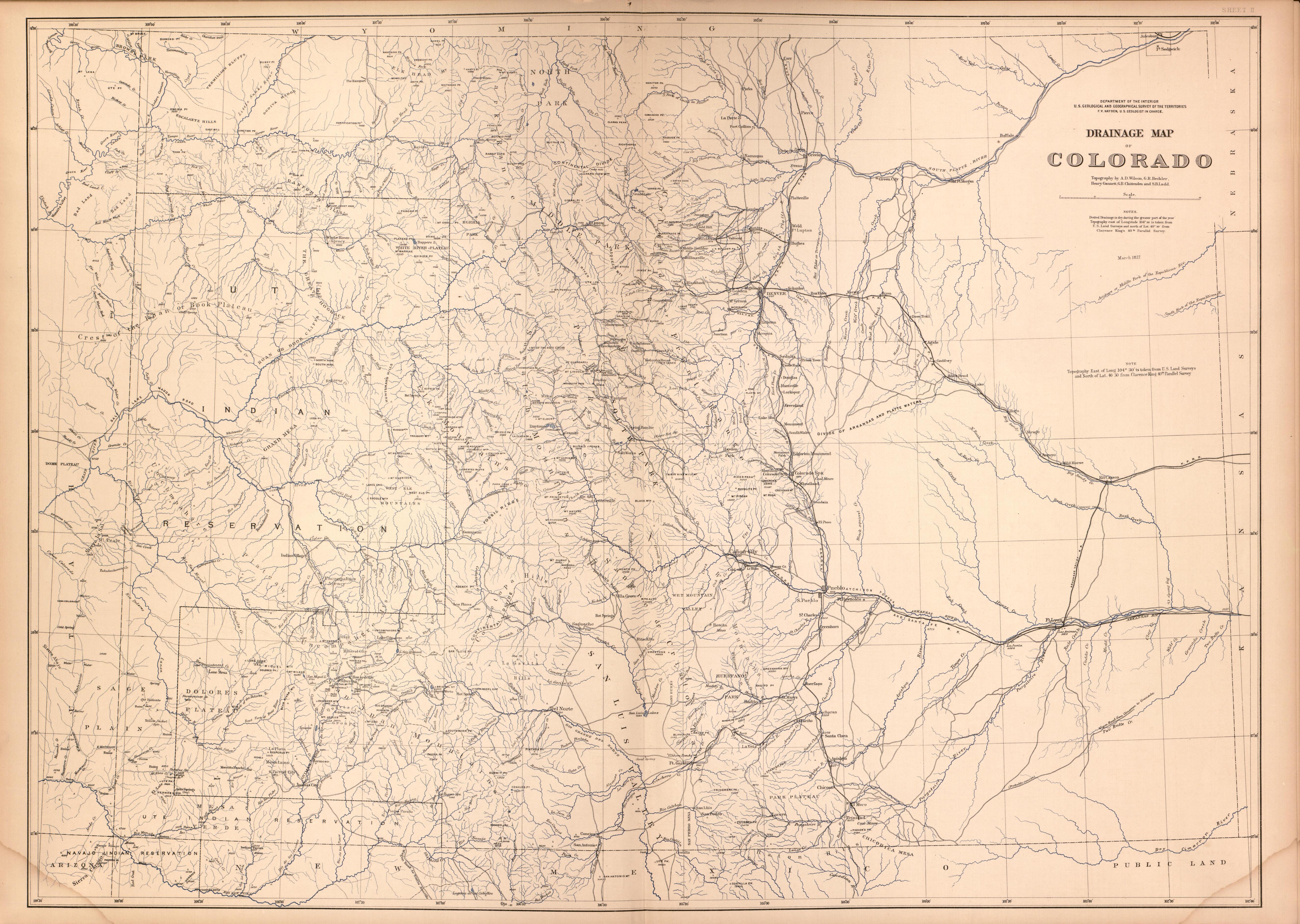 This old map of Colorado,  was created by Geological and Geographical Survey of the Territories (U.S.)|Hayden, F. V. (Ferdinand Vandeveer) in 1877