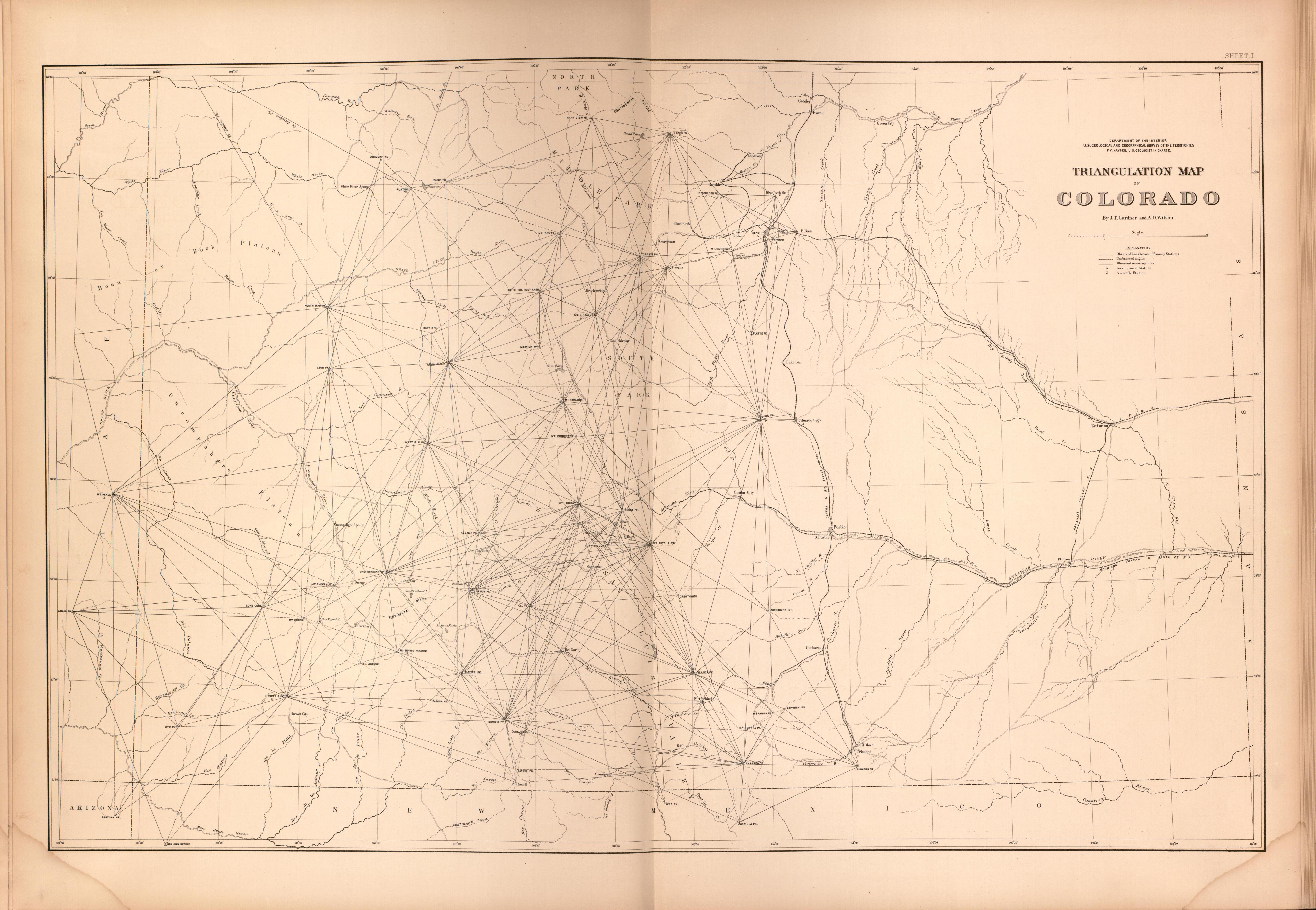 This old map of Colorado,  was created by Geological and Geographical Survey of the Territories (U.S.)|Hayden, F. V. (Ferdinand Vandeveer) in 1877
