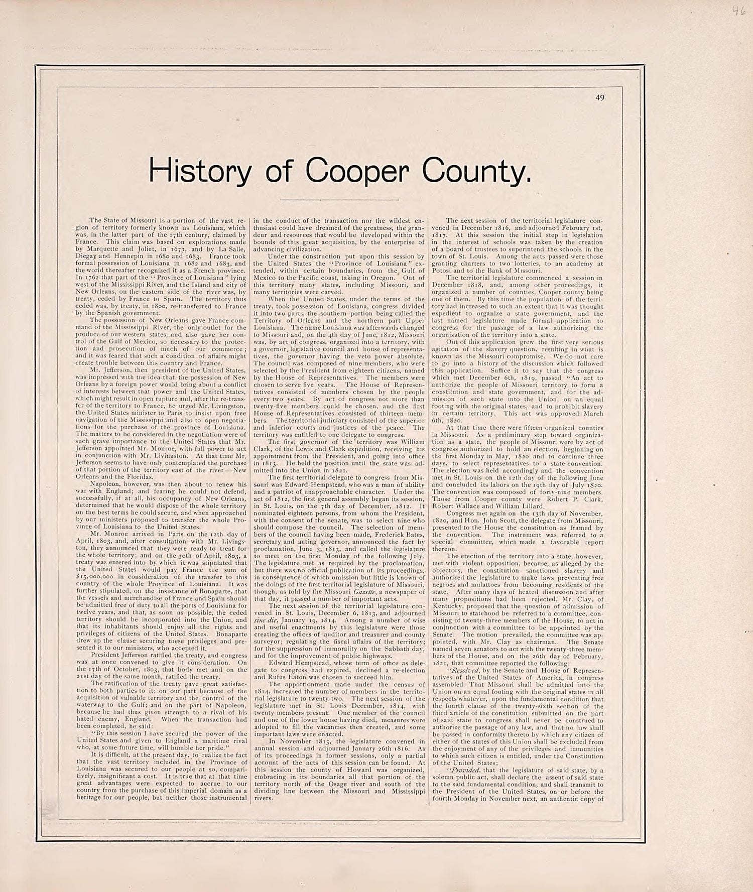 History of Cooper County from Illustrated Historical Atlas of Cooper County, Missouri : Compiled and Published from Official Records and Personal Examination 1897 by Relic Map Company