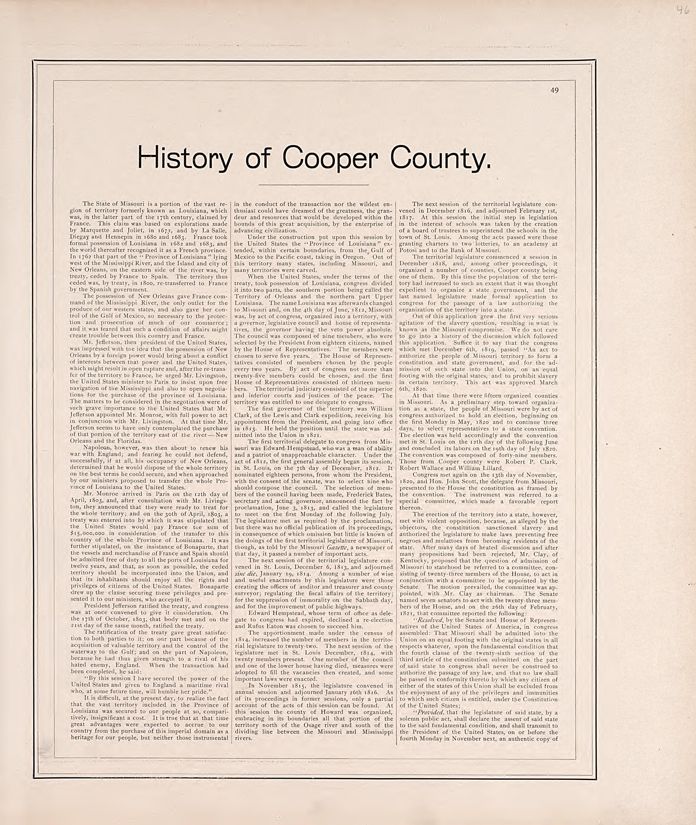 History of Cooper County from Illustrated Historical Atlas of Cooper County, Missouri : Compiled and Published from Official Records and Personal Examination 1897 by Relic Map Company