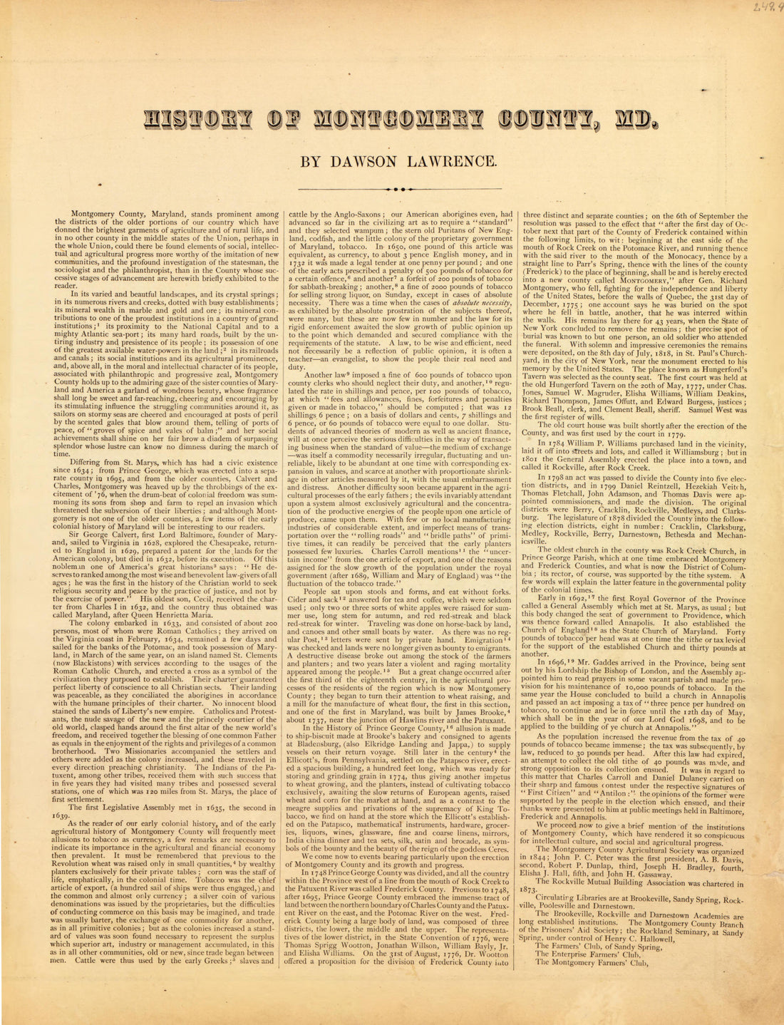 History of Montgomery County from Atlas of Fifteen Miles Around Washington, Including the County of Montgomery, Maryland 1879 by Relic Map Company