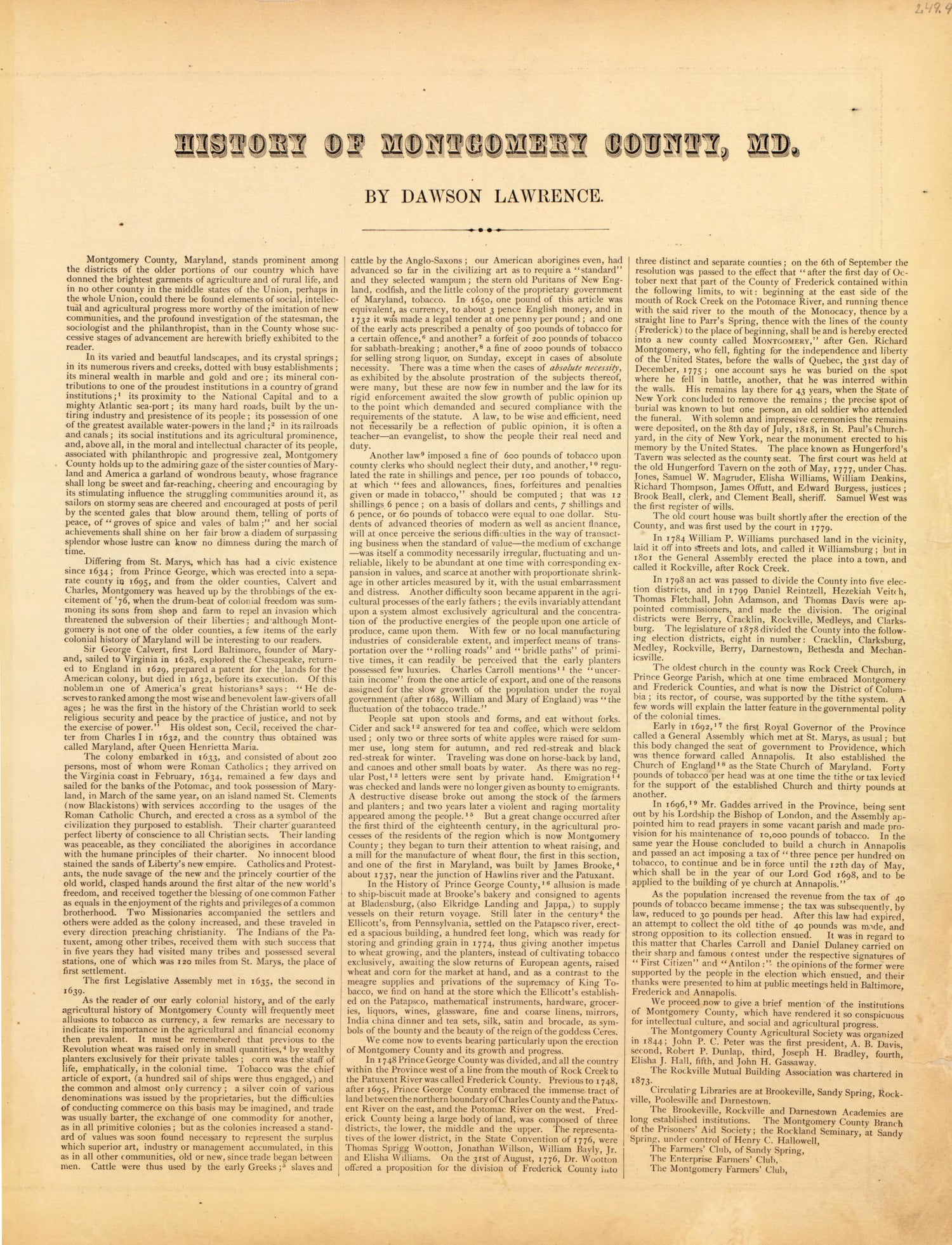 History of Montgomery County from Atlas of Fifteen Miles Around Washington, Including the County of Montgomery, Maryland 1879 by Relic Map Company