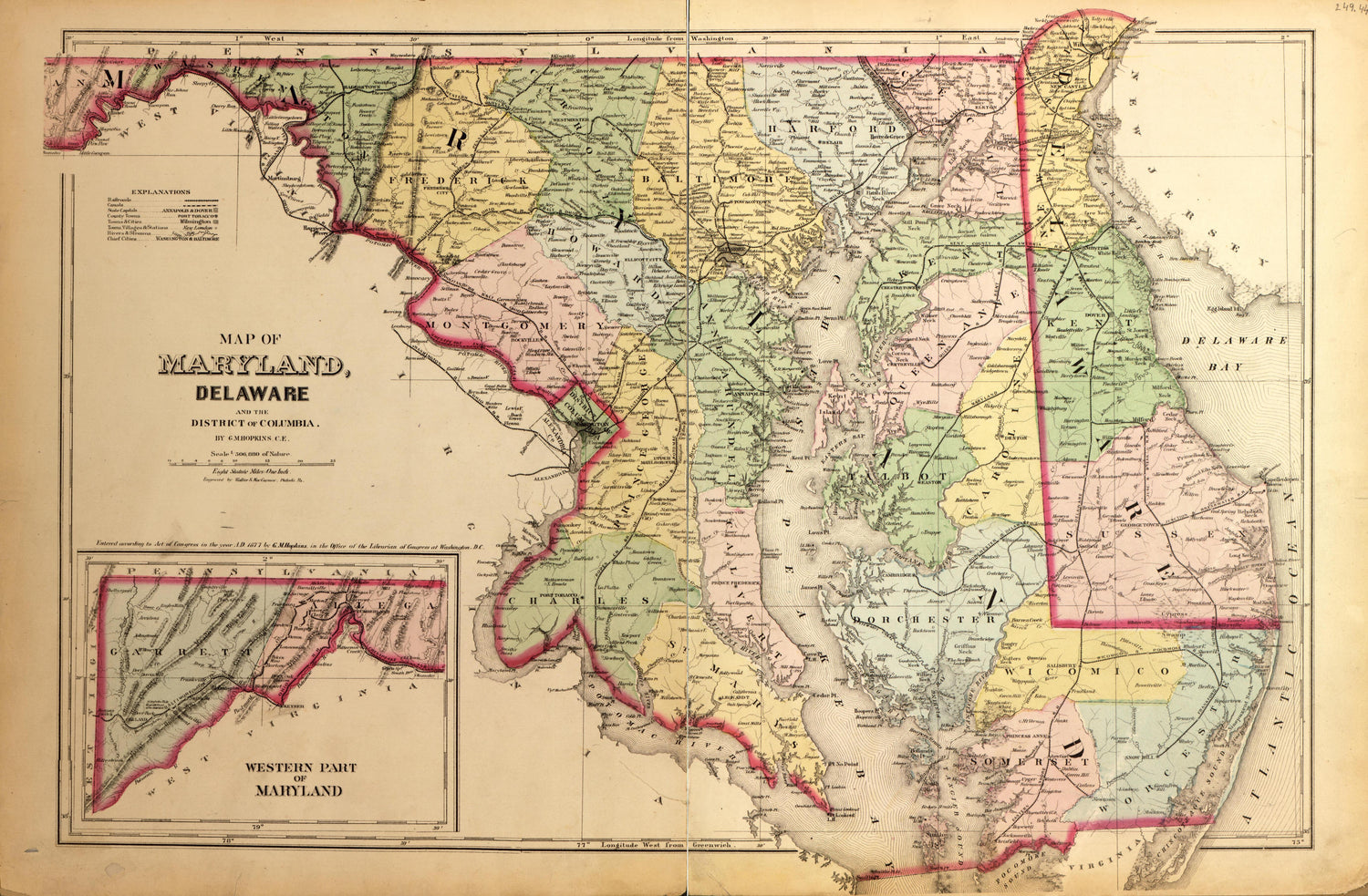 Maryland, Delaware from Atlas of Fifteen Miles Around Washington, Including the County of Montgomery, Maryland 1879 by Relic Map Company