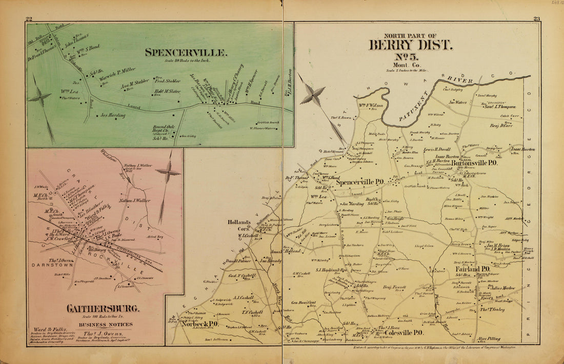 N. Part of Berry Dist. No. 5, Spencerville, Gaithersburg from Atlas of Fifteen Miles Around Washington, Including the County of Montgomery, Maryland 1879 by Relic Map Company
