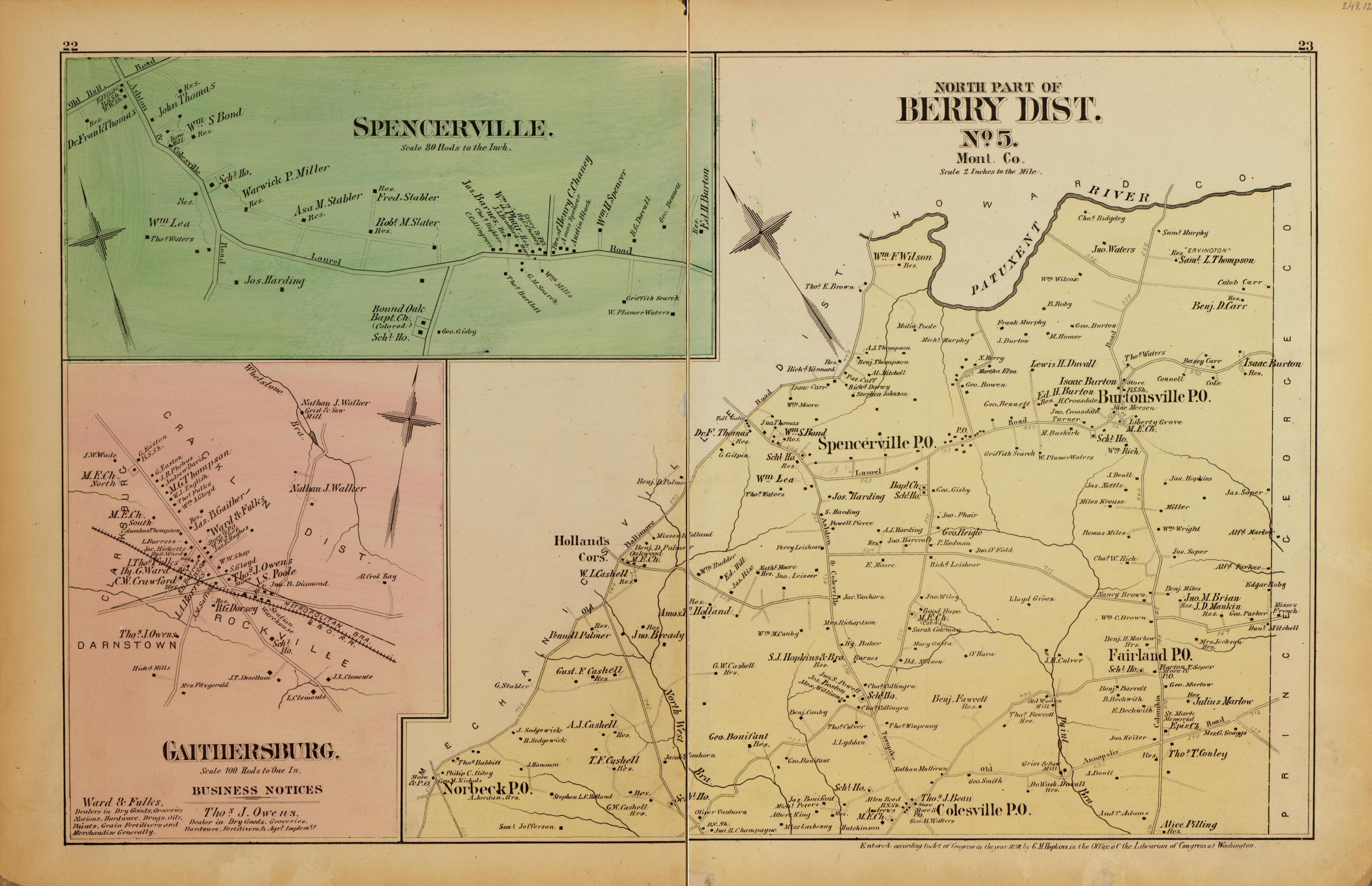 N. Part of Berry Dist. No. 5, Spencerville, Gaithersburg from Atlas of Fifteen Miles Around Washington, Including the County of Montgomery, Maryland 1879 by Relic Map Company