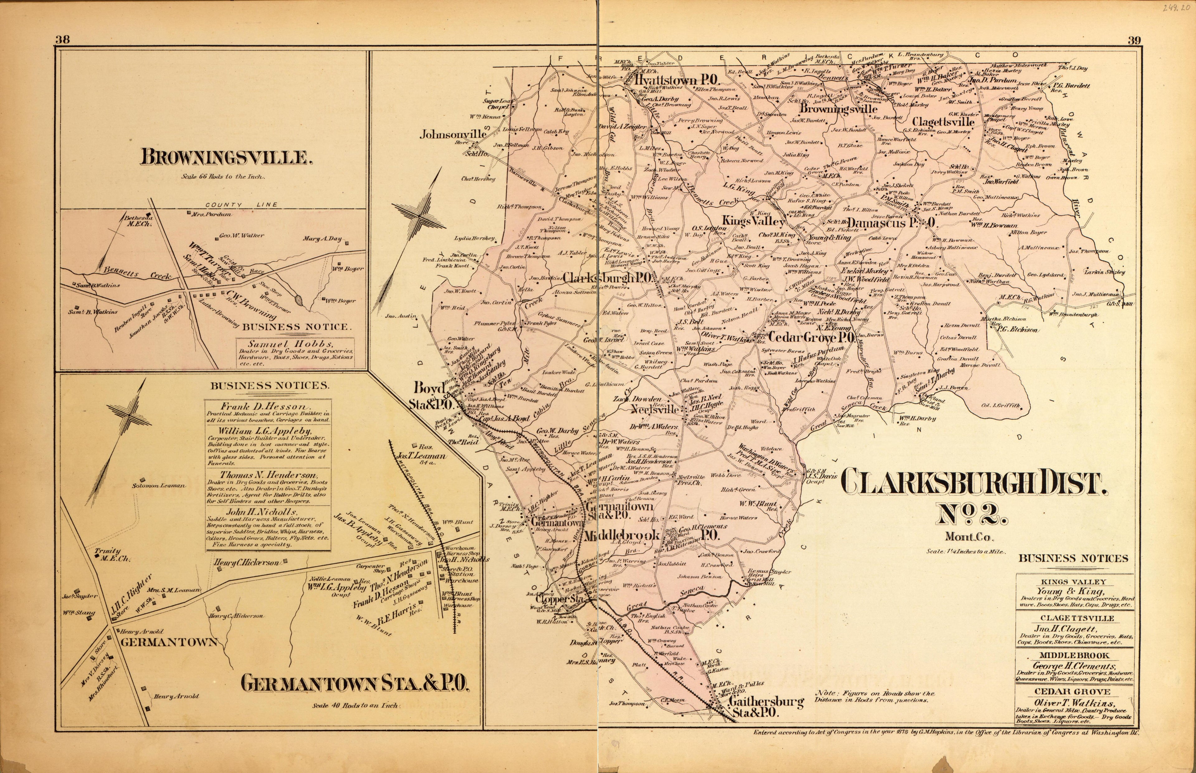 Clarksburgh Dist. No. 2, Browningsville, Germantown Sta. &amp; P.O. from Atlas of Fifteen Miles Around Washington, Including the County of Montgomery, Maryland 1879 by Relic Map Company