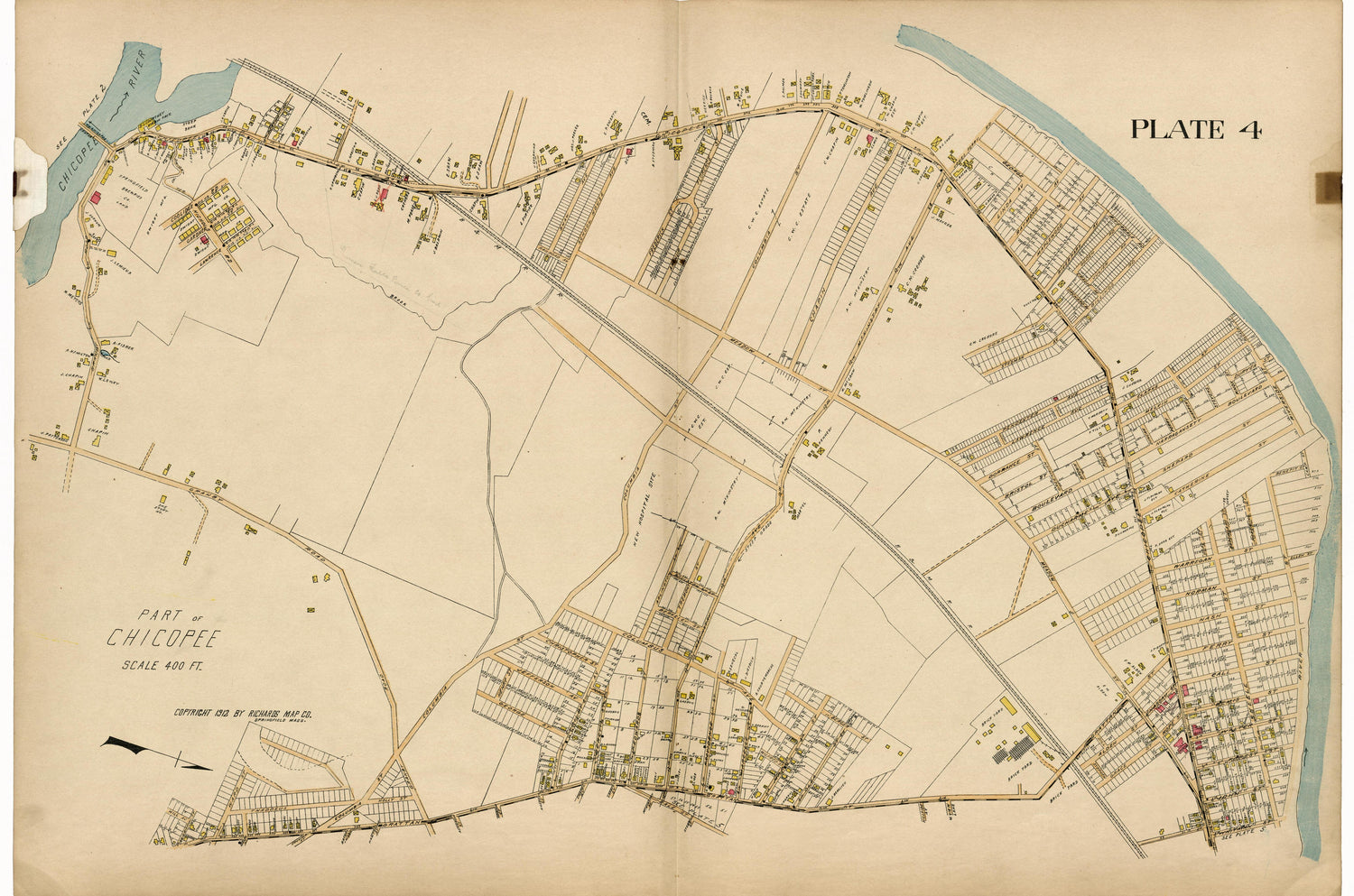 Plate 4: Part of Chicopee from Richards Standard Atlas of Hampden County, Massachusetts : Based Upon, and Carefully Compiled From, the Official Plans, Surveys and Records of the City Engineers, Assessors and Other Municipal Departments, Together With ... by Relic Map Company