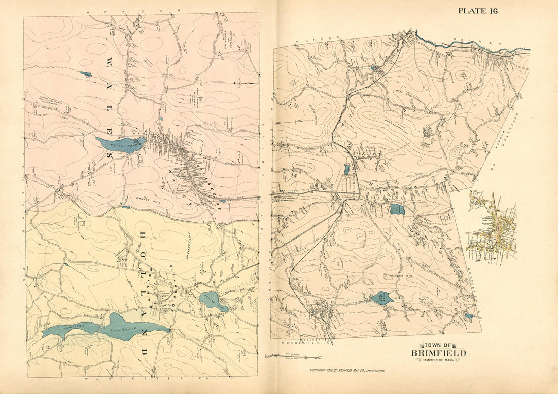 Plate 16: Town of Brimfield from Richards Standard Atlas of Hampden County, Massachusetts : Based Upon, and Carefully Compiled From, the Official Plans, Surveys and Records of the City Engineers, Assessors and Other Municipal Departments, Together Wit... by Relic Map Company