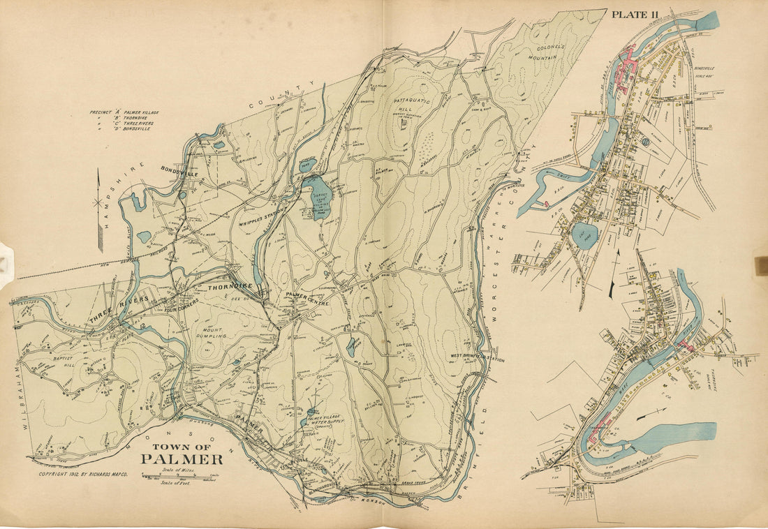 Plate 11: Town of Palmer from Richards Standard Atlas of Hampden County, Massachusetts : Based Upon, and Carefully Compiled From, the Official Plans, Surveys and Records of the City Engineers, Assessors and Other Municipal Departments, Together With P... by Relic Map Company