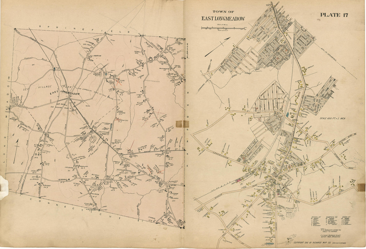 Plate 17: Town of East Longmeadow from Richards Standard Atlas of Hampden County, Massachusetts : Based Upon, and Carefully Compiled From, the Official Plans, Surveys and Records of the City Engineers, Assessors and Other Municipal Departments, Togeth... by Relic Map Company