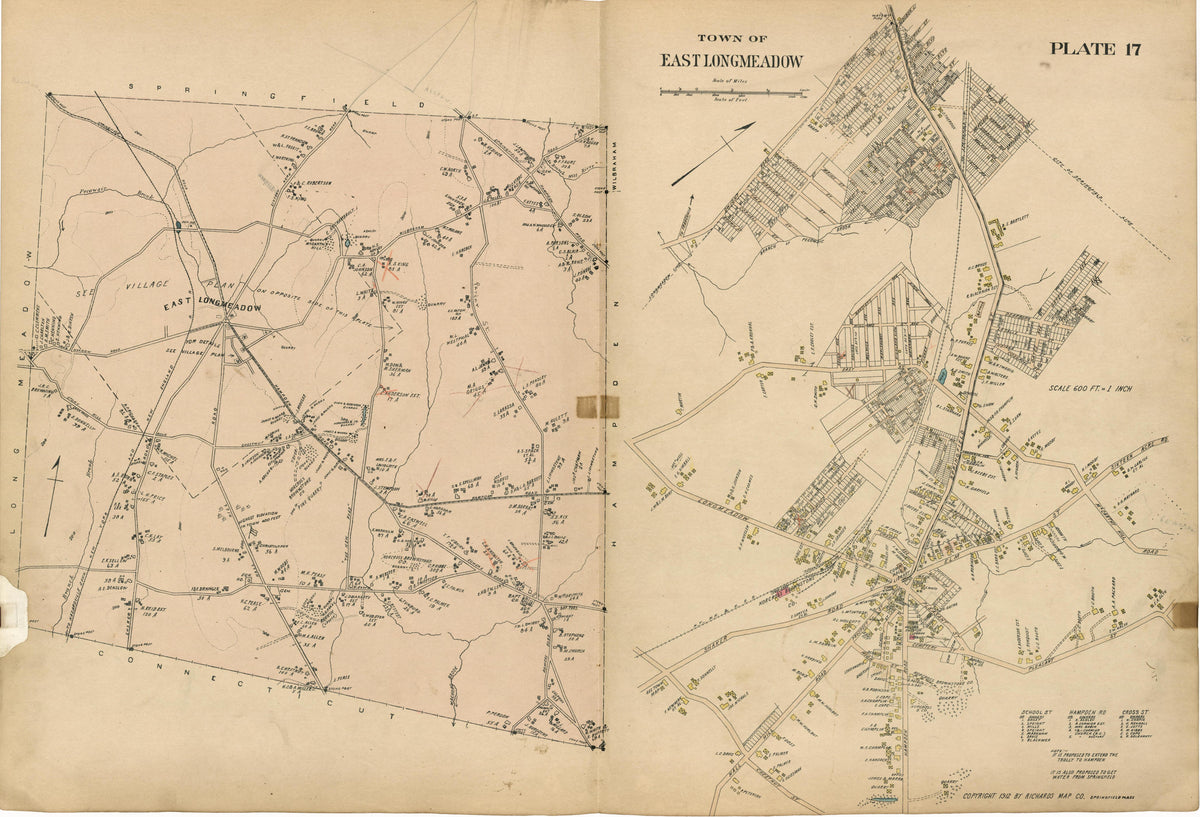 Plate 17: Town of East Longmeadow from Richards Standard Atlas of Hampden County, Massachusetts : Based Upon, and Carefully Compiled From, the Official Plans, Surveys and Records of the City Engineers, Assessors and Other Municipal Departments, Togeth... by Relic Map Company