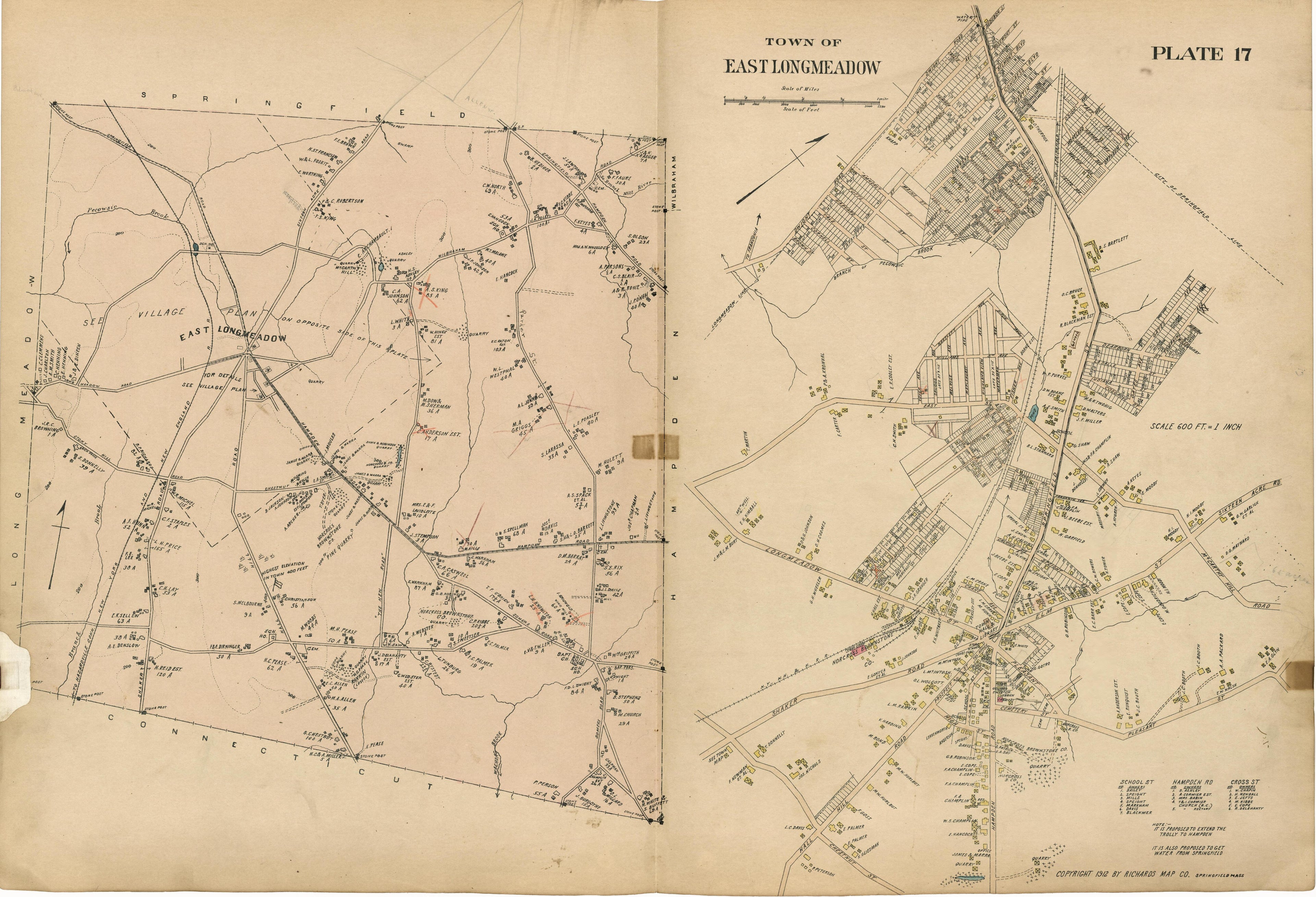 Plate 17: Town of East Longmeadow from Richards Standard Atlas of Hampden County, Massachusetts : Based Upon, and Carefully Compiled From, the Official Plans, Surveys and Records of the City Engineers, Assessors and Other Municipal Departments, Togeth... by Relic Map Company