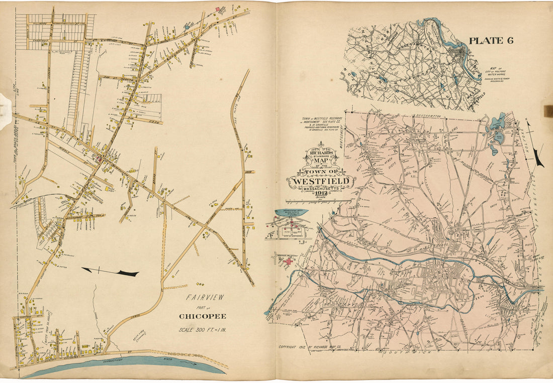 Plate 6: Fairview Part of Chicopee; City of Holyoke Water Works; Westfield from Richards Standard Atlas of Hampden County, Massachusetts : Based Upon, and Carefully Compiled From, the Official Plans, Surveys and Records of the City Engineers, Assessor... by Relic Map Company