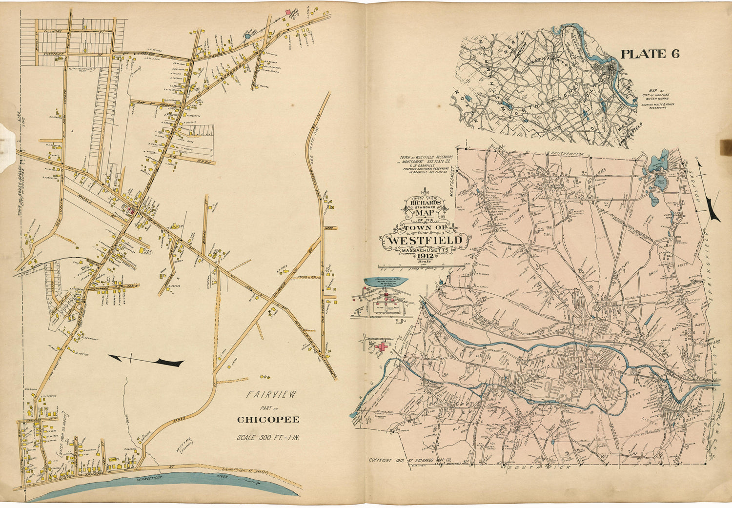 Plate 6: Fairview Part of Chicopee; City of Holyoke Water Works; Westfield from Richards Standard Atlas of Hampden County, Massachusetts : Based Upon, and Carefully Compiled From, the Official Plans, Surveys and Records of the City Engineers, Assessor... by Relic Map Company