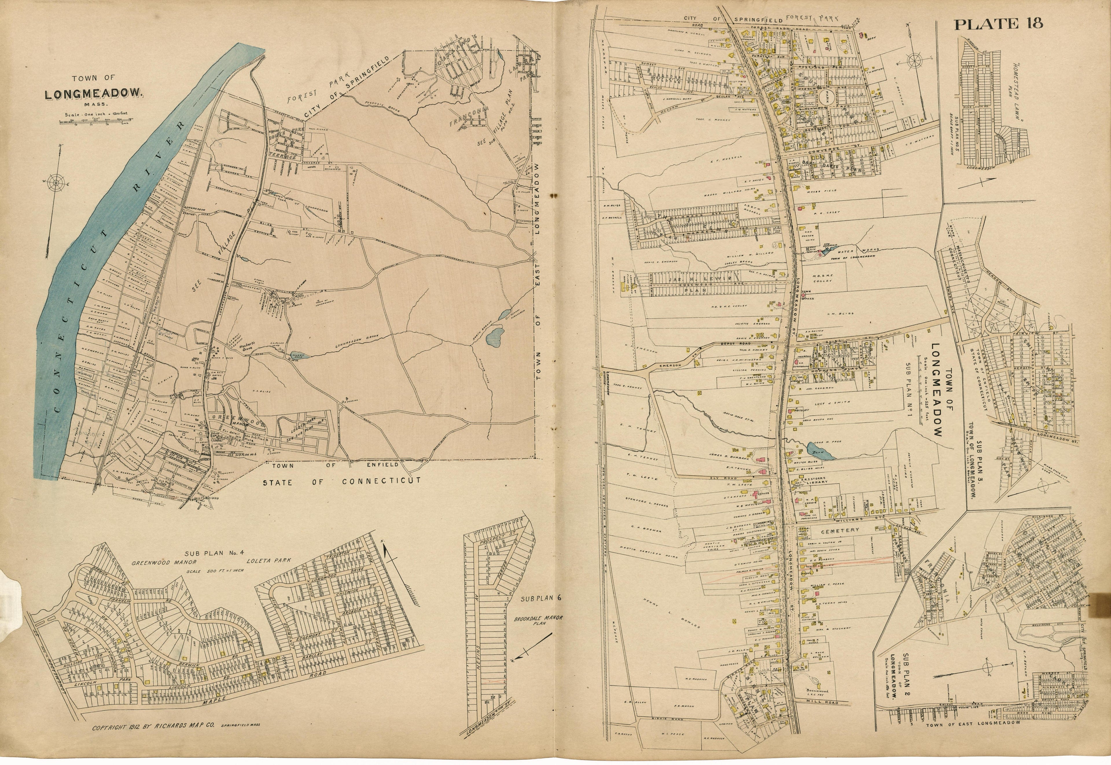 Plate 18: Town of Longmeadow from Richards Standard Atlas of Hampden County, Massachusetts : Based Upon, and Carefully Compiled From, the Official Plans, Surveys and Records of the City Engineers, Assessors and Other Municipal Departments, Together Wi... by Relic Map Company