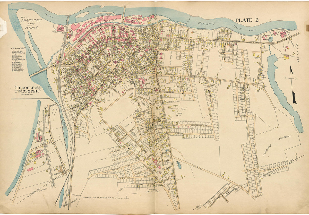 Plate 2: Chicopee Center from Richards Standard Atlas of Hampden County, Massachusetts : Based Upon, and Carefully Compiled From, the Official Plans, Surveys and Records of the City Engineers, Assessors and Other Municipal Departments, Together With P... by Relic Map Company