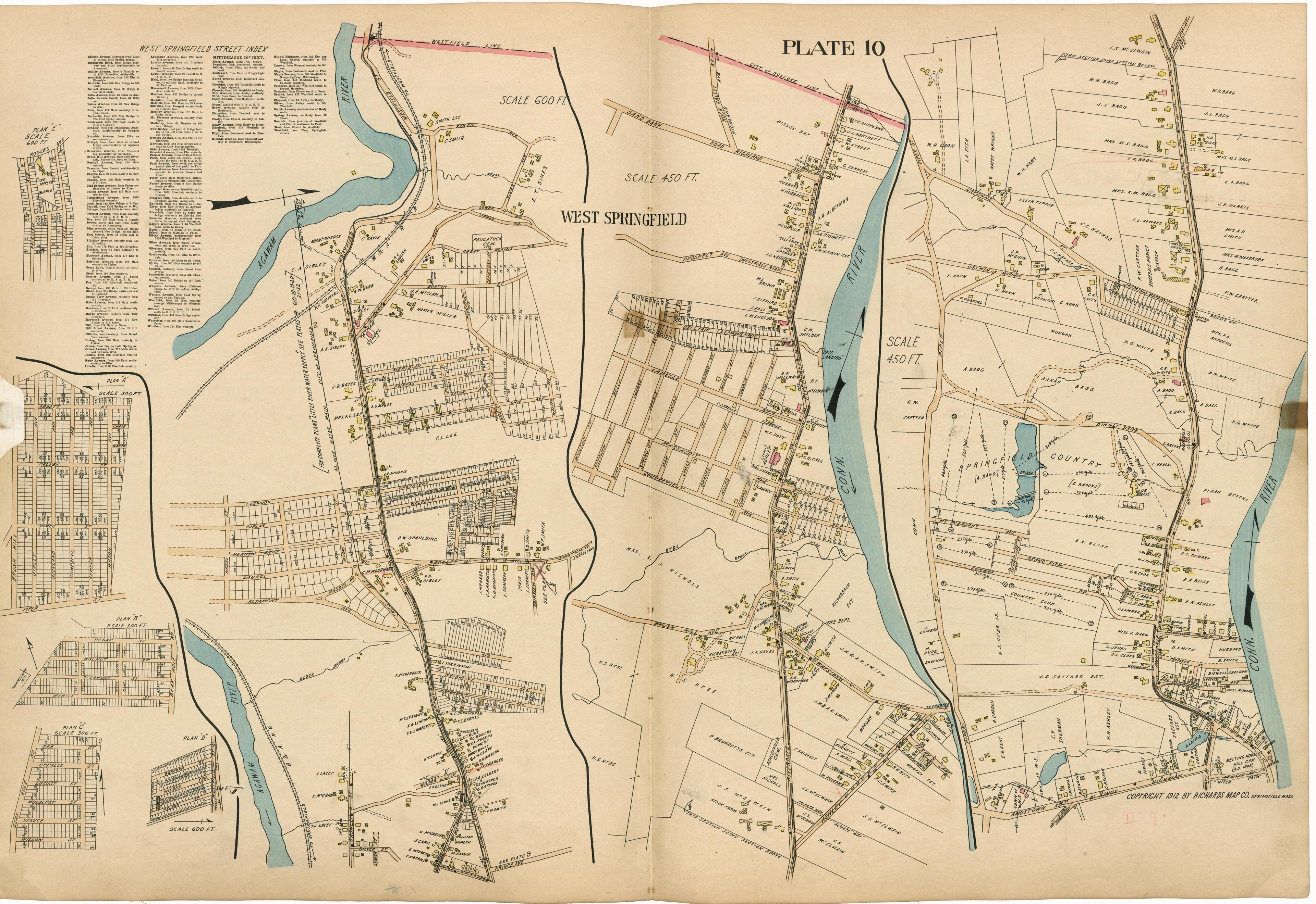 Plate 10: West Springfield from Richards Standard Atlas of Hampden County, Massachusetts : Based Upon, and Carefully Compiled From, the Official Plans, Surveys and Records of the City Engineers, Assessors and Other Municipal Departments, Together With... by Relic Map Company