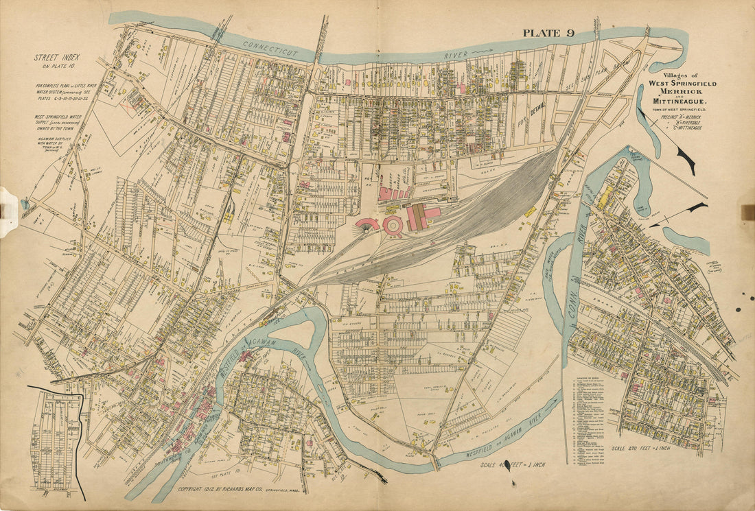 Plate 9: Villages of West Springfield, Merrick and Mittineague from Richards Standard Atlas of Hampden County, Massachusetts : Based Upon, and Carefully Compiled From, the Official Plans, Surveys and Records of the City Engineers, Assessors and Other ... by Relic Map Company