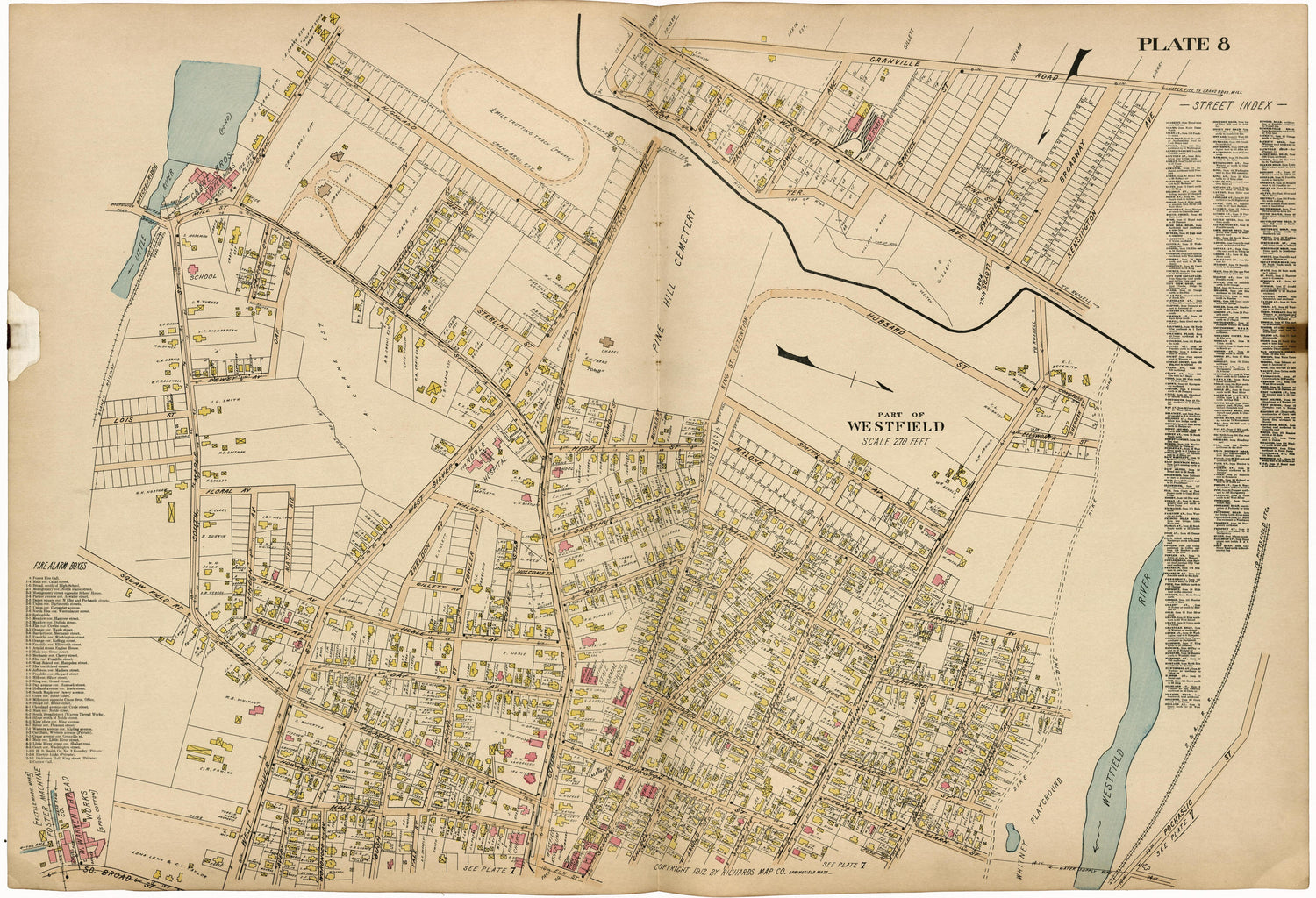 Plate 8: Part of Westfield from Richards Standard Atlas of Hampden County, Massachusetts : Based Upon, and Carefully Compiled From, the Official Plans, Surveys and Records of the City Engineers, Assessors and Other Municipal Departments, Together With... by Relic Map Company