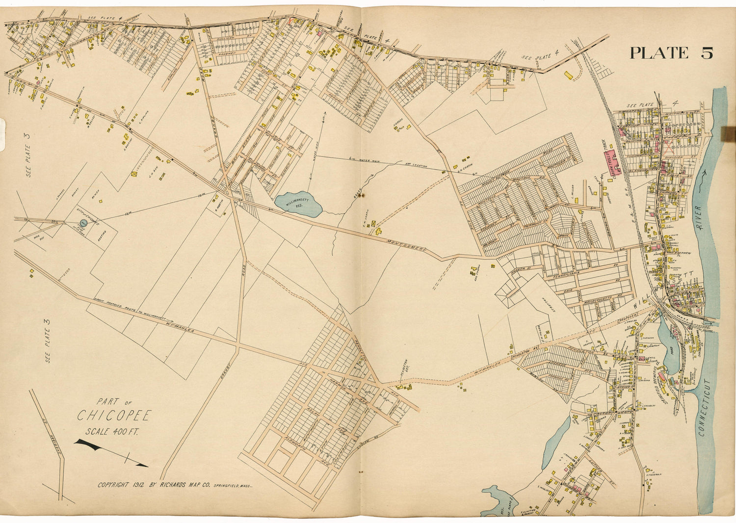 Plate 5: Part of Chicopee from Richards Standard Atlas of Hampden County, Massachusetts : Based Upon, and Carefully Compiled From, the Official Plans, Surveys and Records of the City Engineers, Assessors and Other Municipal Departments, Together With ... by Relic Map Company