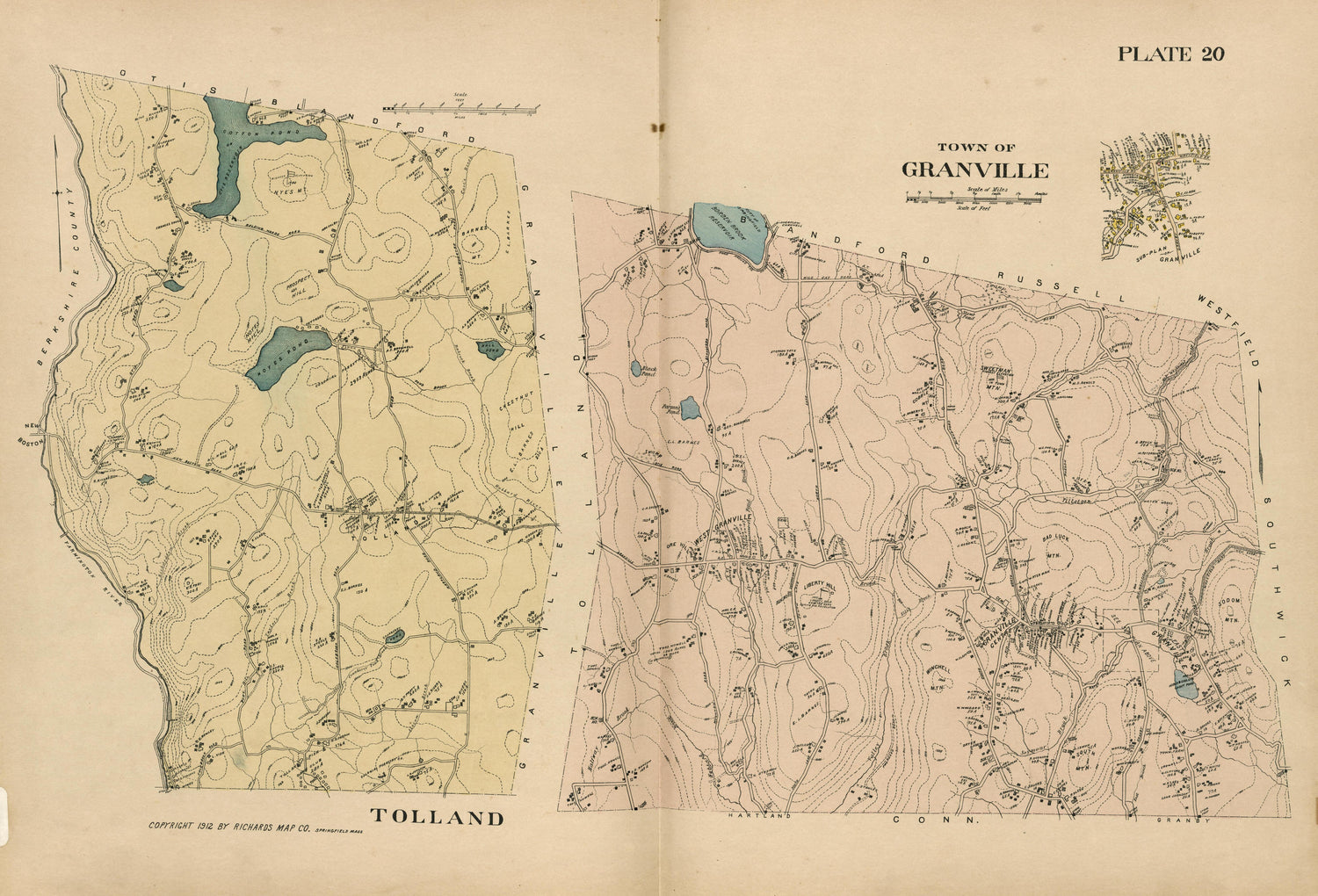 Plate 20: Tolland; Town of Granville from Richards Standard Atlas of Hampden County, Massachusetts : Based Upon, and Carefully Compiled From, the Official Plans, Surveys and Records of the City Engineers, Assessors and Other Municipal Departments, Tog... by Relic Map Company