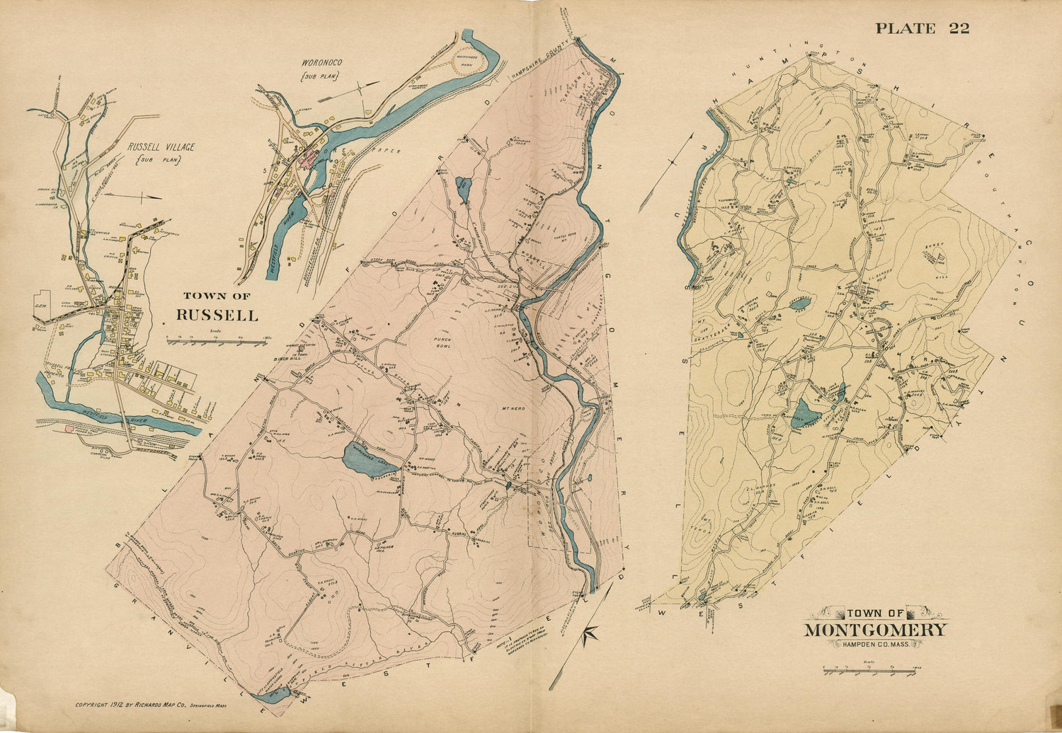 Plate 22: Town of Russell; Town of Montgomery from Richards Standard Atlas of Hampden County, Massachusetts : Based Upon, and Carefully Compiled From, the Official Plans, Surveys and Records of the City Engineers, Assessors and Other Municipal Departm... by Relic Map Company