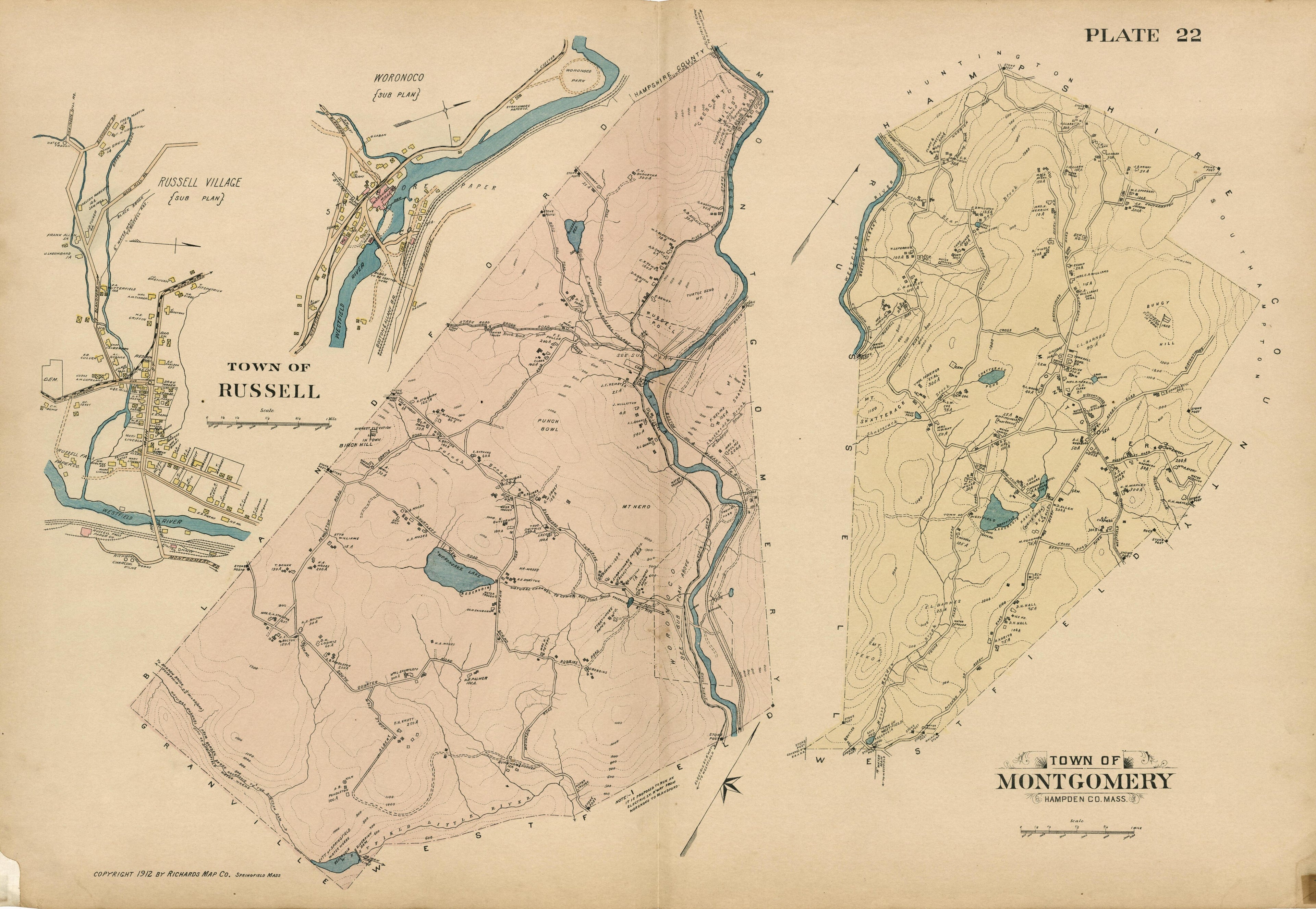 Plate 22: Town of Russell; Town of Montgomery from Richards Standard Atlas of Hampden County, Massachusetts : Based Upon, and Carefully Compiled From, the Official Plans, Surveys and Records of the City Engineers, Assessors and Other Municipal Departm... by Relic Map Company