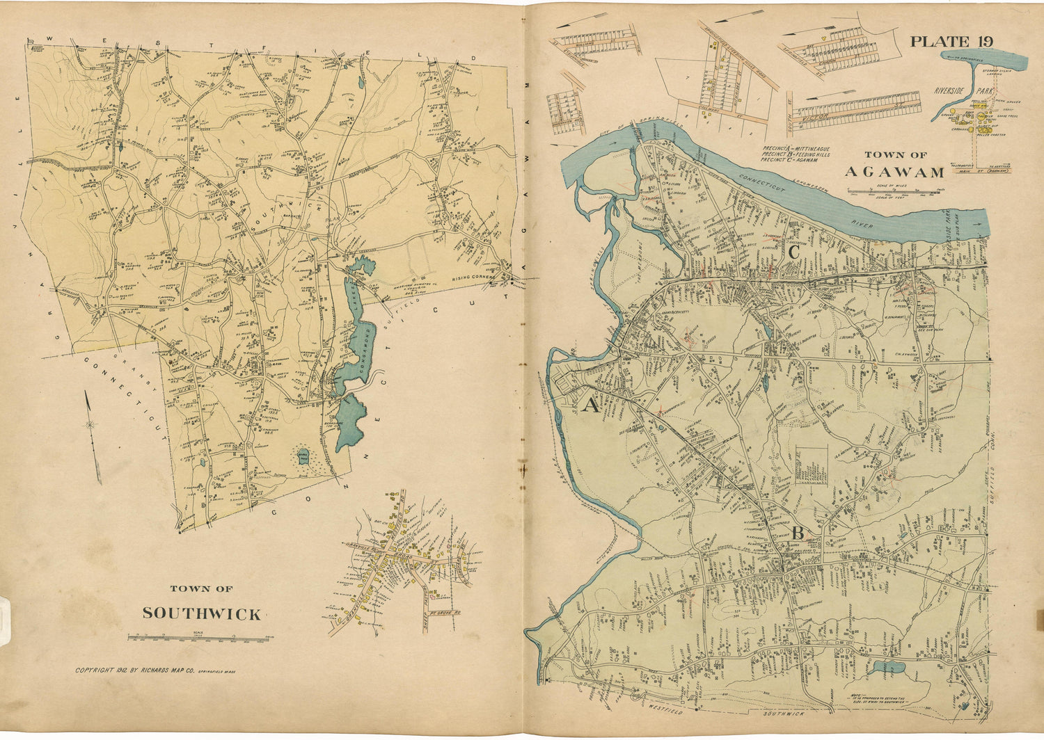 Plate 19: Town of Southwick; Town of Agawam from Richards Standard Atlas of Hampden County, Massachusetts : Based Upon, and Carefully Compiled From, the Official Plans, Surveys and Records of the City Engineers, Assessors and Other Municipal Departmen... by Relic Map Company