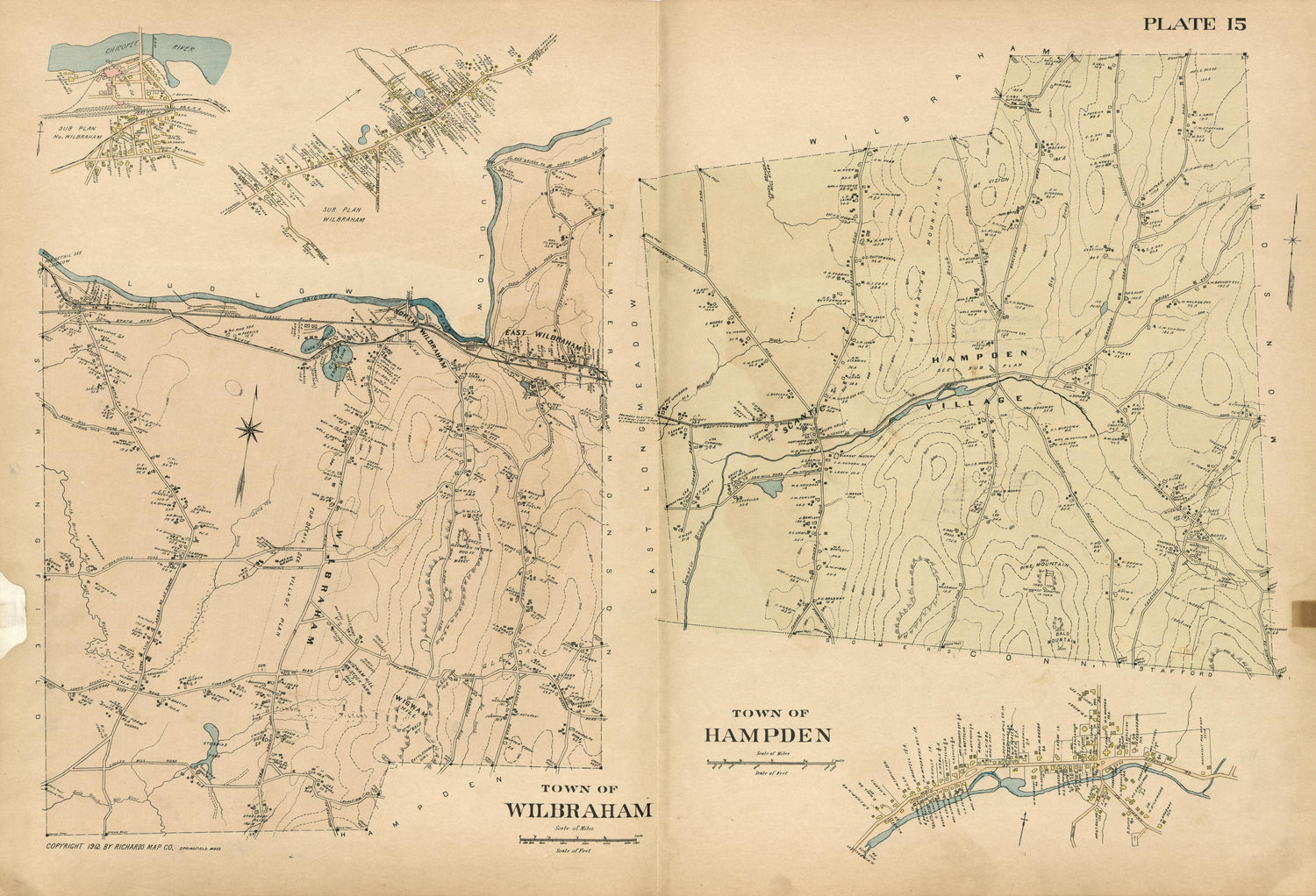 Plate 15: Town of Wilbraham; Town of Hampden; from Richards Standard Atlas of Hampden County, Massachusetts : Based Upon, and Carefully Compiled From, the Official Plans, Surveys and Records of the City Engineers, Assessors and Other Municipal Departm... by Relic Map Company