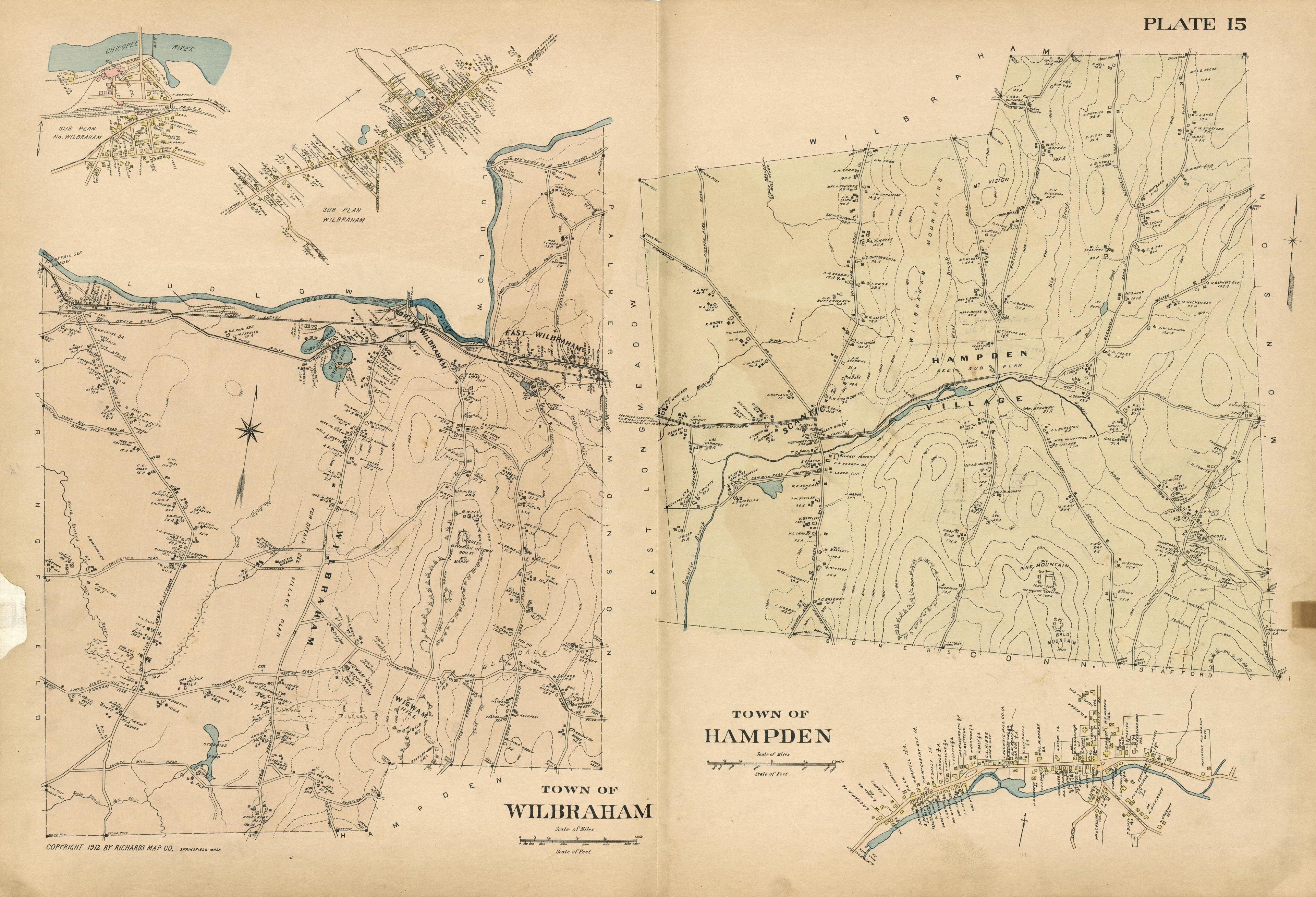 Plate 15: Town of Wilbraham; Town of Hampden; from Richards Standard Atlas of Hampden County, Massachusetts : Based Upon, and Carefully Compiled From, the Official Plans, Surveys and Records of the City Engineers, Assessors and Other Municipal Departm... by Relic Map Company