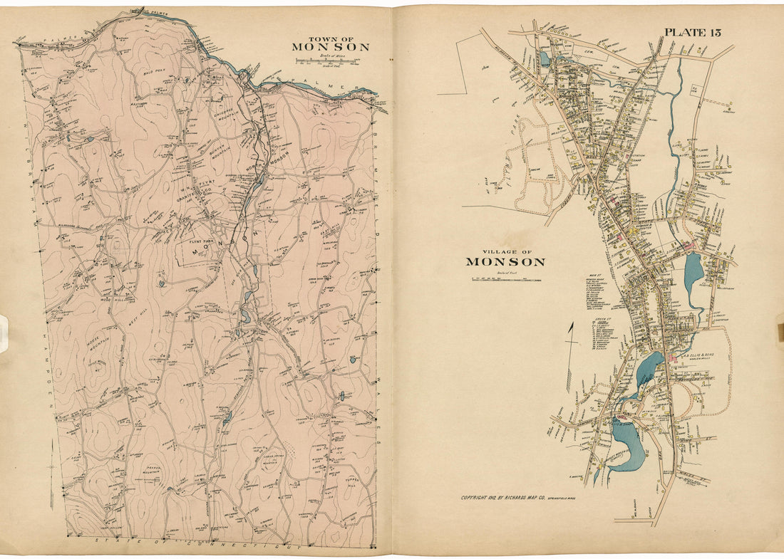 Plate 13: Town of Monson; Village of Monson from Richards Standard Atlas of Hampden County, Massachusetts : Based Upon, and Carefully Compiled From, the Official Plans, Surveys and Records of the City Engineers, Assessors and Other Municipal Departmen... by Relic Map Company