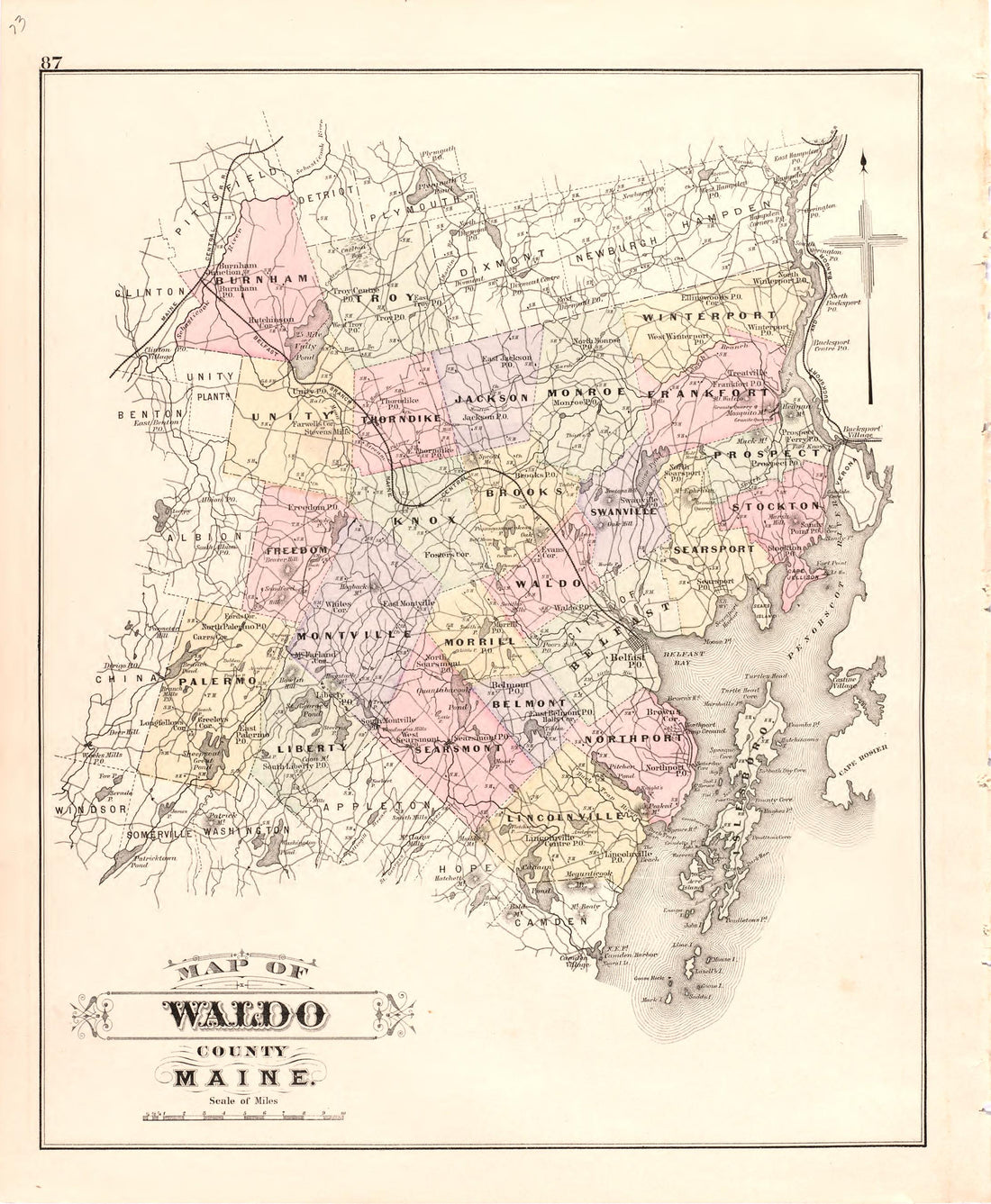 This old map of Maine,  was created by Bourquin, F. (Frederick)|Bracher, Wm. (William)|Colby &amp; Stuart|George N. Colby &amp; Co in 1887