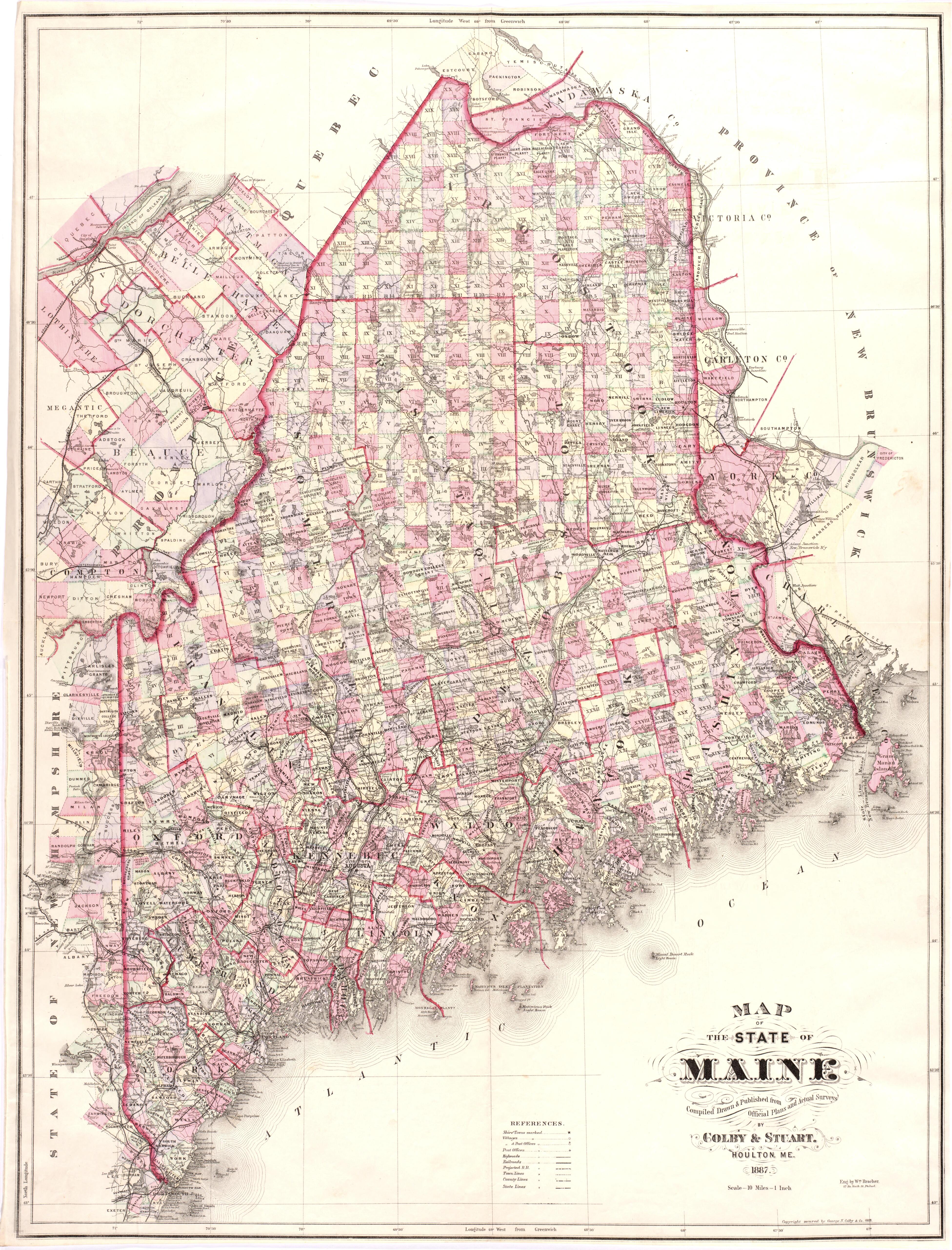 This old map of Maine,  was created by Bourquin, F. (Frederick)|Bracher, Wm. (William)|Colby &amp; Stuart|George N. Colby &amp; Co in 1887