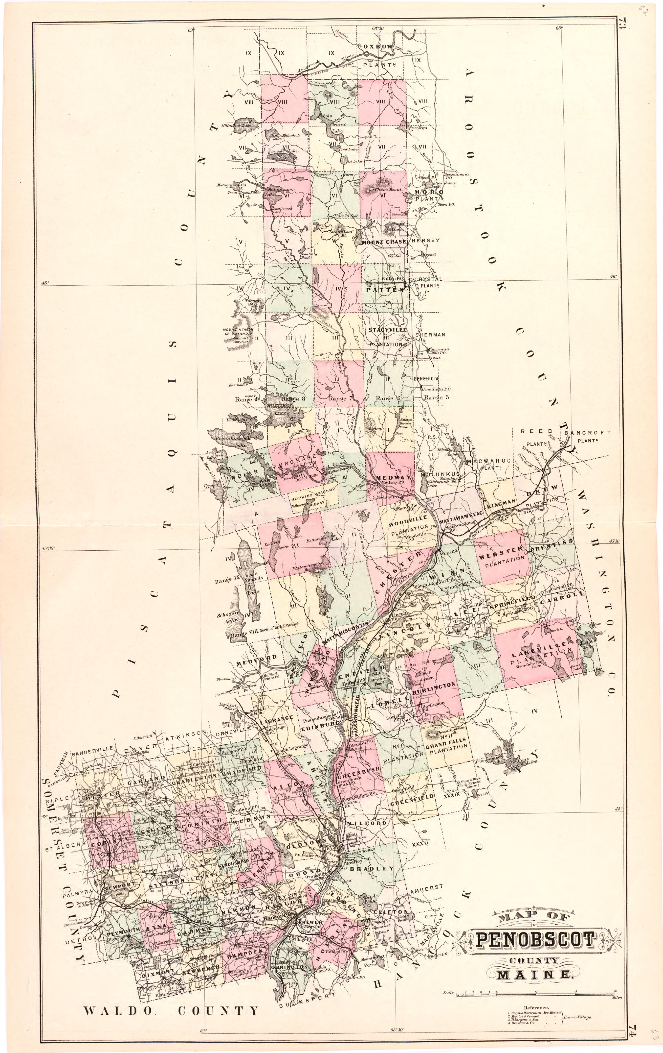 This old map of Maine,  was created by Bourquin, F. (Frederick)|Bracher, Wm. (William)|Colby &amp; Stuart|George N. Colby &amp; Co in 1887