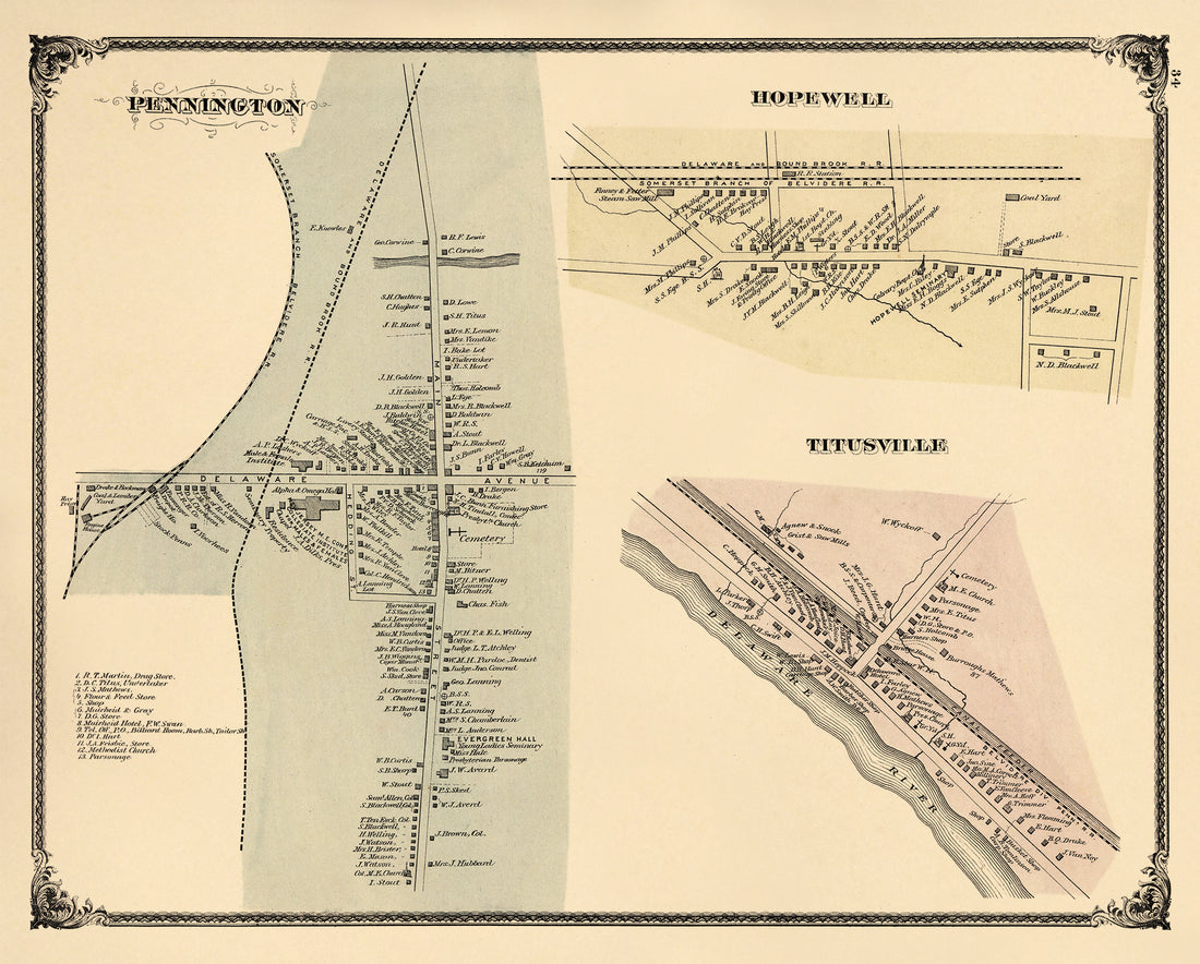 Maps of Pennington, Hopewell and Titusville from New Historical Atlas of Mercer County, New Jersey : 1875