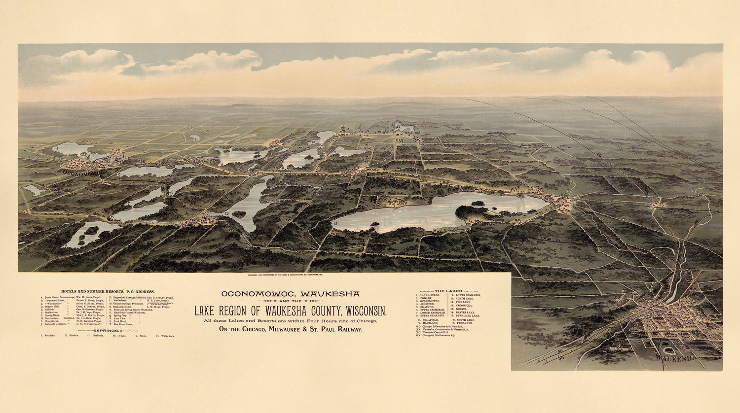 Oconomowoc, Waukesha and the Lake Region of Waukesha County, Wisconsin, All These Lakes and Resorts Are Within Four Hours Ride of Chicago, On the Chicago, Milwaukee &amp; St. Paul Railway 1890 by Relic Map Company