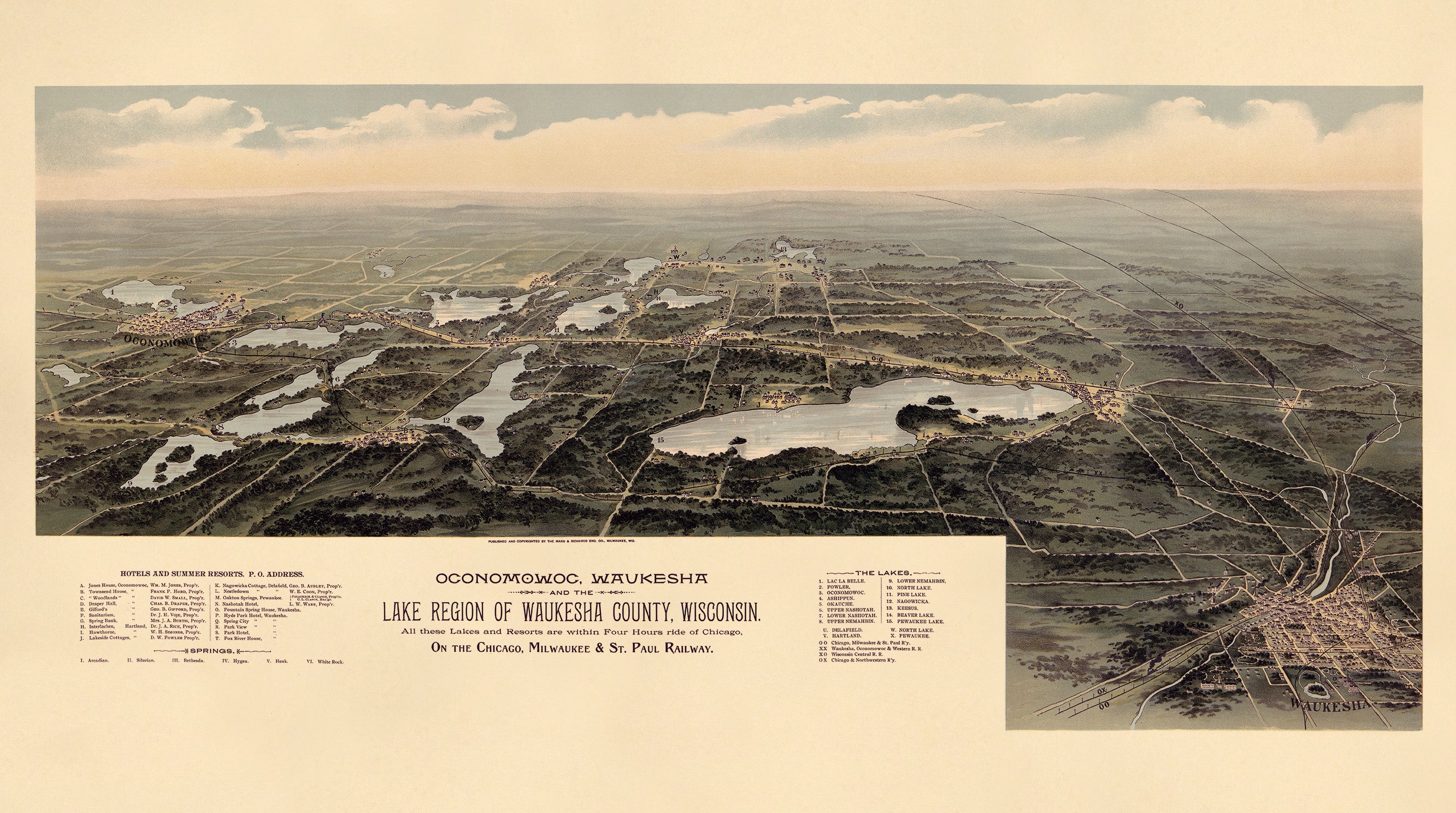 Oconomowoc, Waukesha and the Lake Region of Waukesha County, Wisconsin, All These Lakes and Resorts Are Within Four Hours Ride of Chicago, On the Chicago, Milwaukee &amp; St. Paul Railway 1890 by Relic Map Company