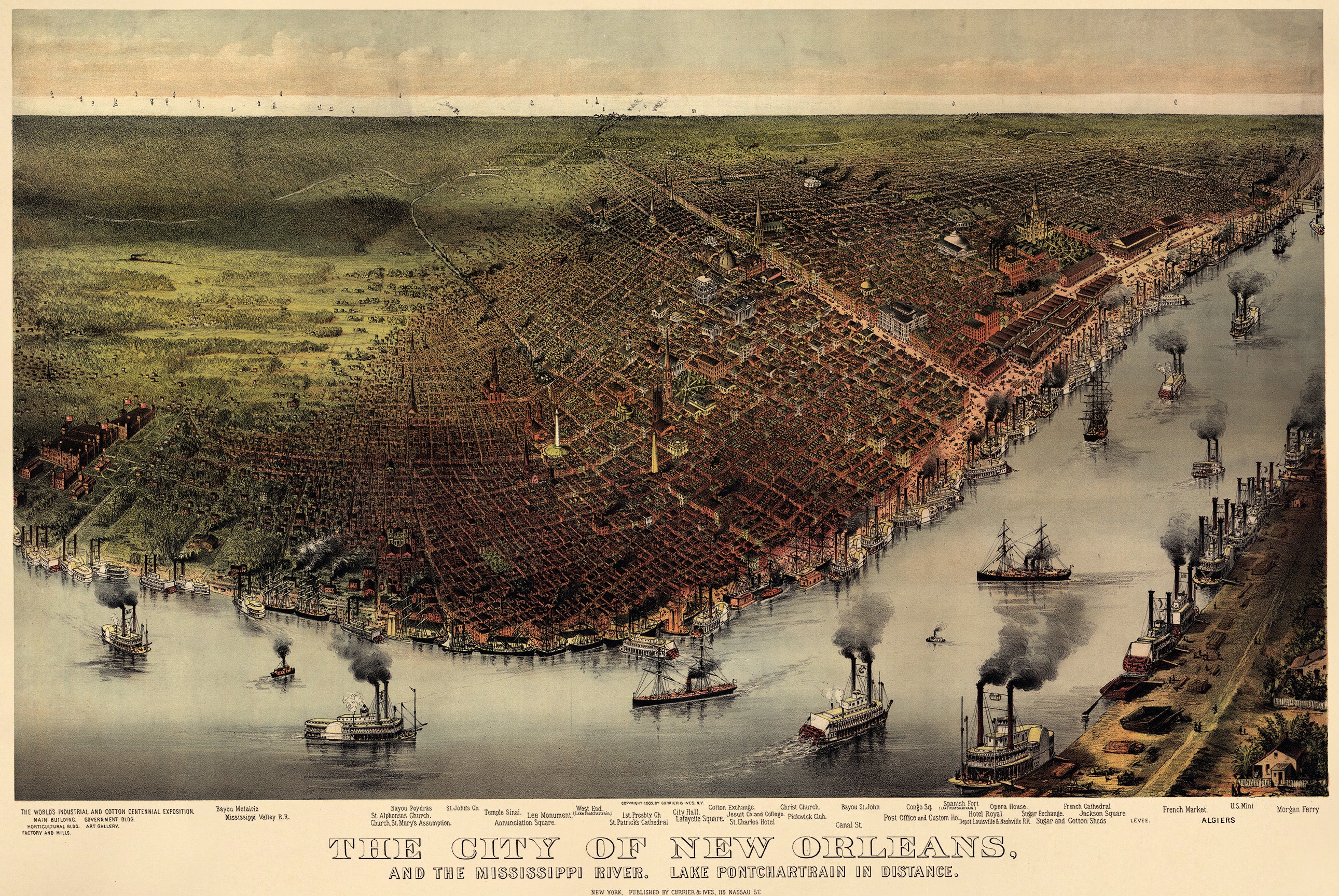 The City of New Orleans, and the Mississippi River Lake Pontchartrain In Distance 1885