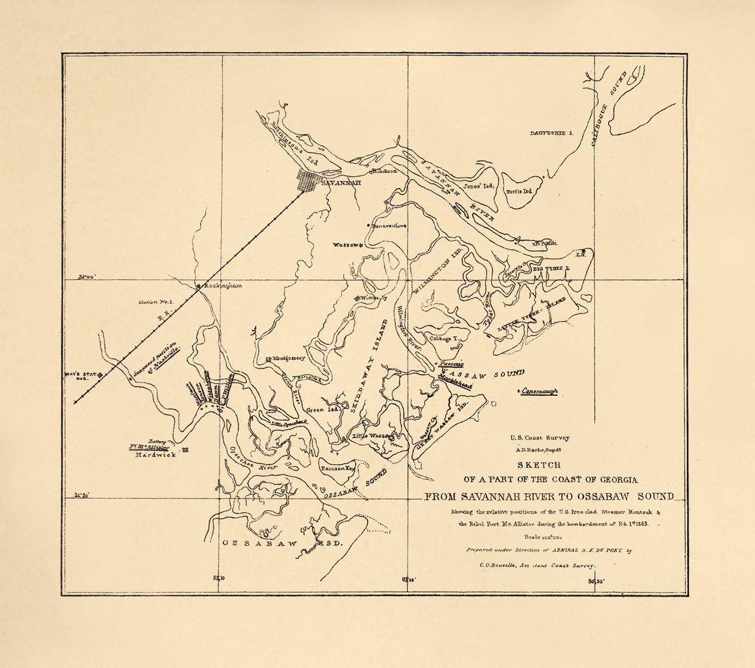 Sketch of a Part of the Coast of Georgia from Savannah River to Ossabaw Sound Showing the Relative Positions of the U.S. Iron Clad Steamer Montauk &amp; the Rebel Fort McAllister During the Bombardment of Feb 1st 1863